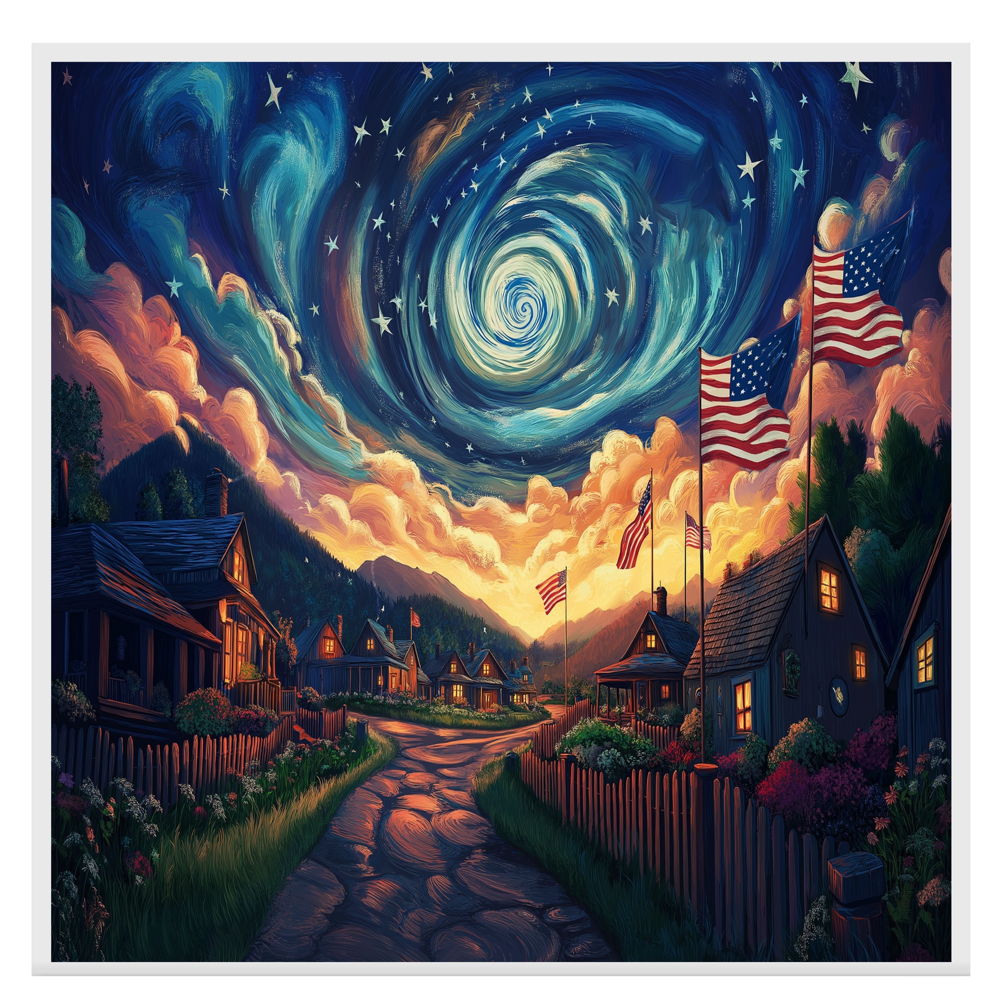 Patriotic Village with Glowing Homes, American Flags, and Swirling Sky at Sunset, Whimsical 4th of July Scene with Stars, Mountains, and Radiant Colors on Ready to Hang 1.5" Thick Canvas Wrap, Floating Framed Canvas, Flat Rolled Canvas