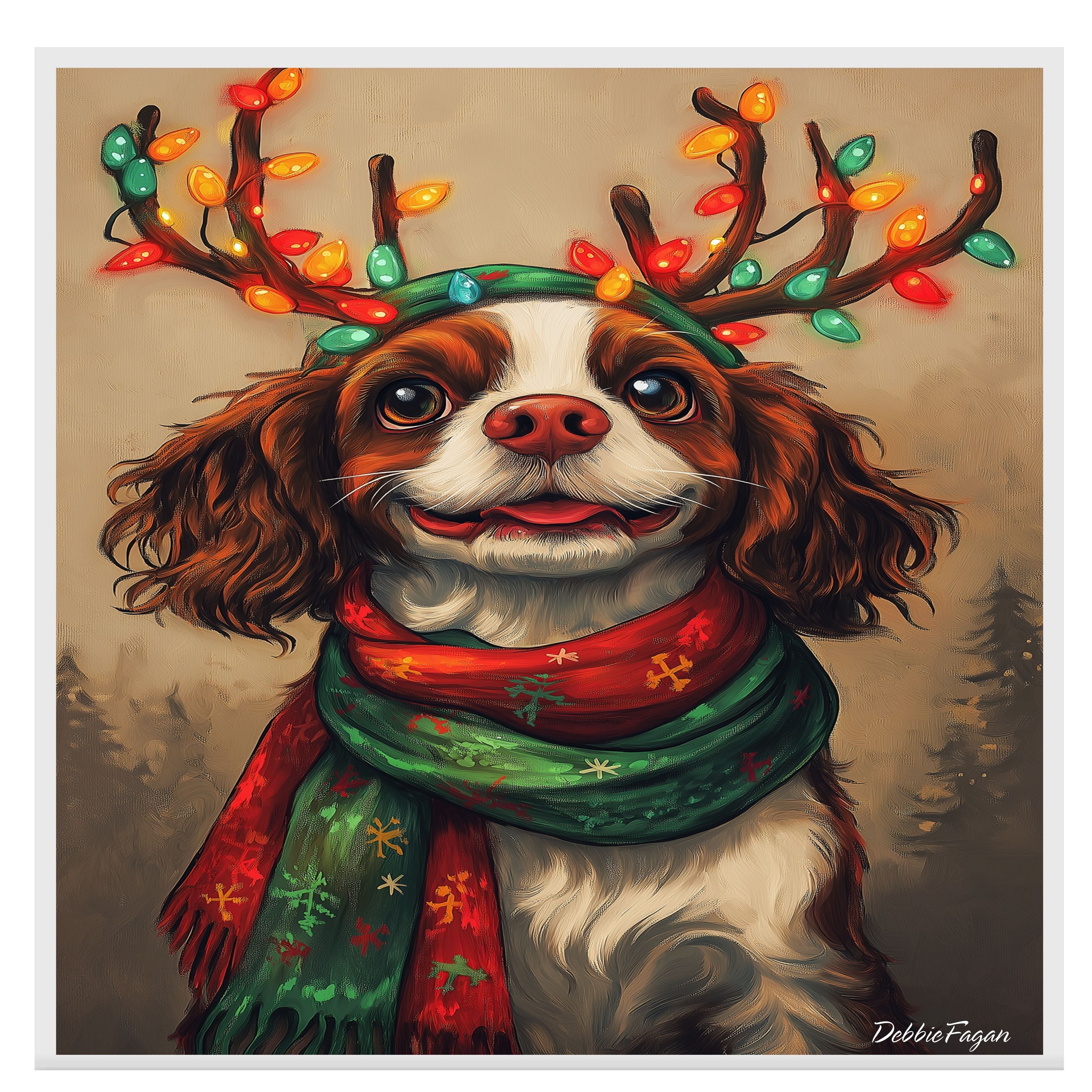 "Forest Frost" - Cavalier King Charles Dog with Lighted Antlers & Festive Scarf in Snowy Forest, Ready to Hang 1.5" Thick Canvas Wrap, Floating Framed Canvas, Flat Rolled Canvas