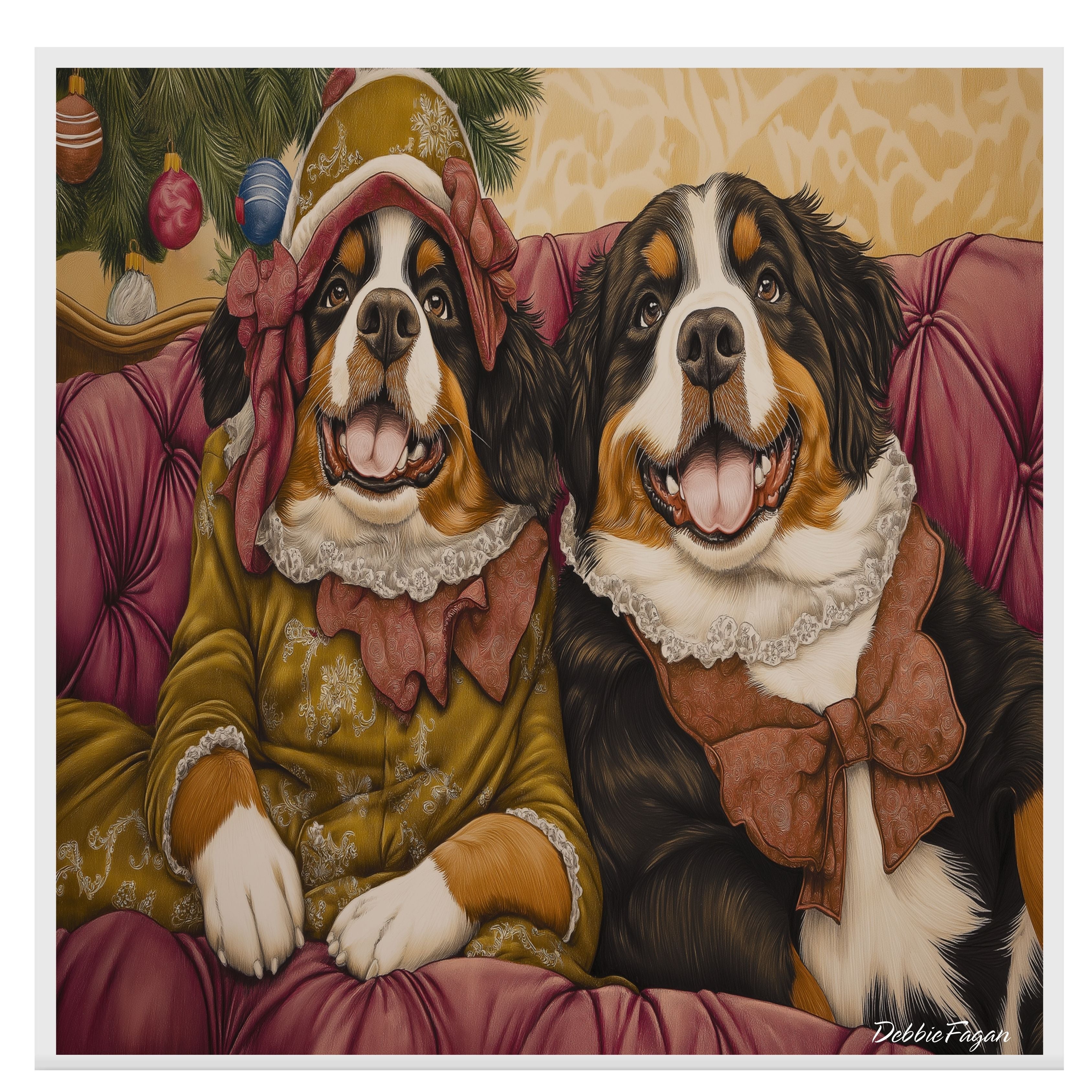 Christmas Canvas  - ÒBernese EleganceÓ - Sophisticated Bernese Mountain Dogs Lounging on a Vintage Red Ornate Sofa on Ready to Hang 1.5" Thick Canvas Wrap, Floating Framed Canvas, Flat Rolled Canvas