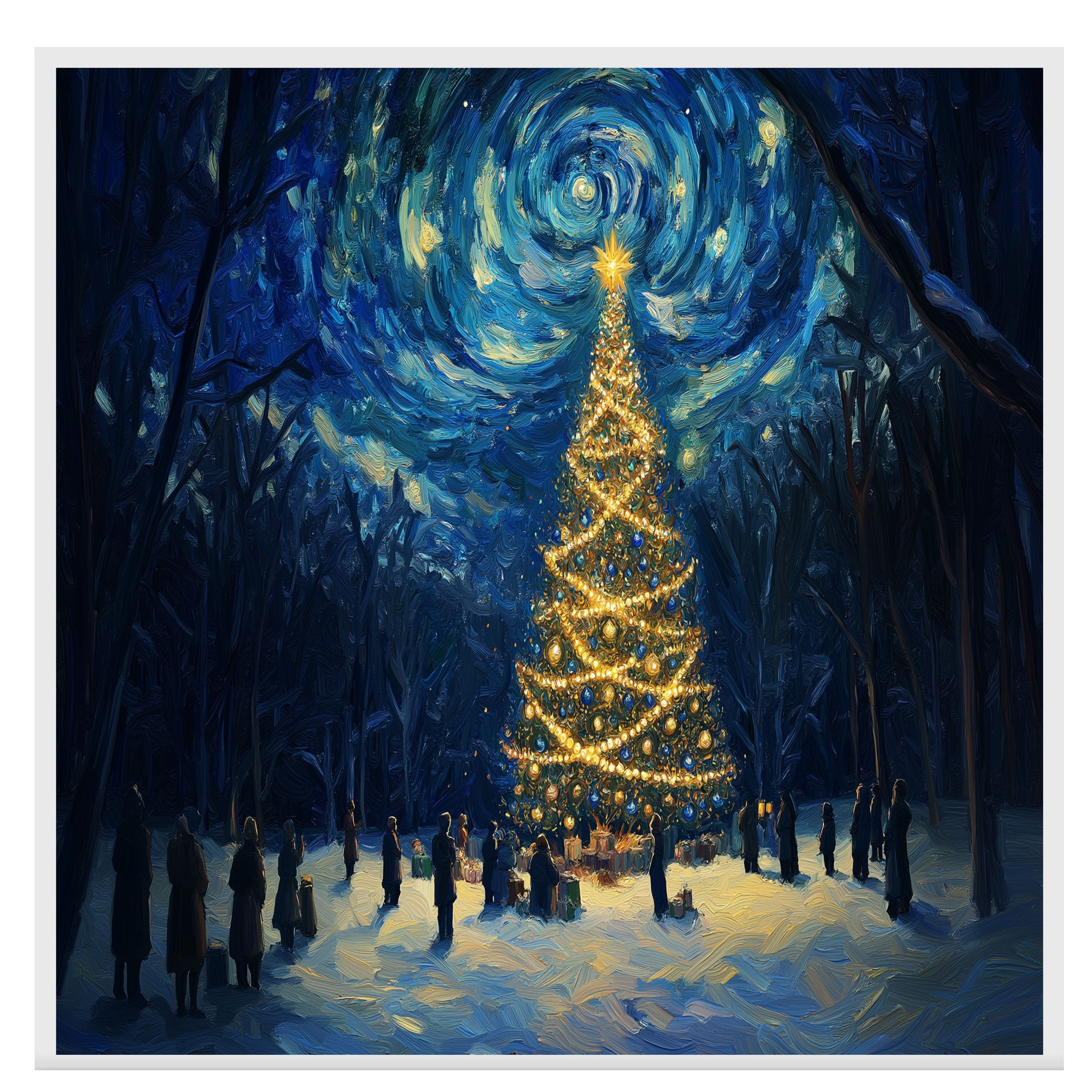 Magical Christmas Scene with Glowing Tree and Swirling Starry Sky, Winter Night Celebration with People in a Snowy Forest Surrounded by Gifts and Light on Ready to Hang 1.5" Thick Canvas Wrap, Floating Framed Canvas, Flat Rolled Canvas