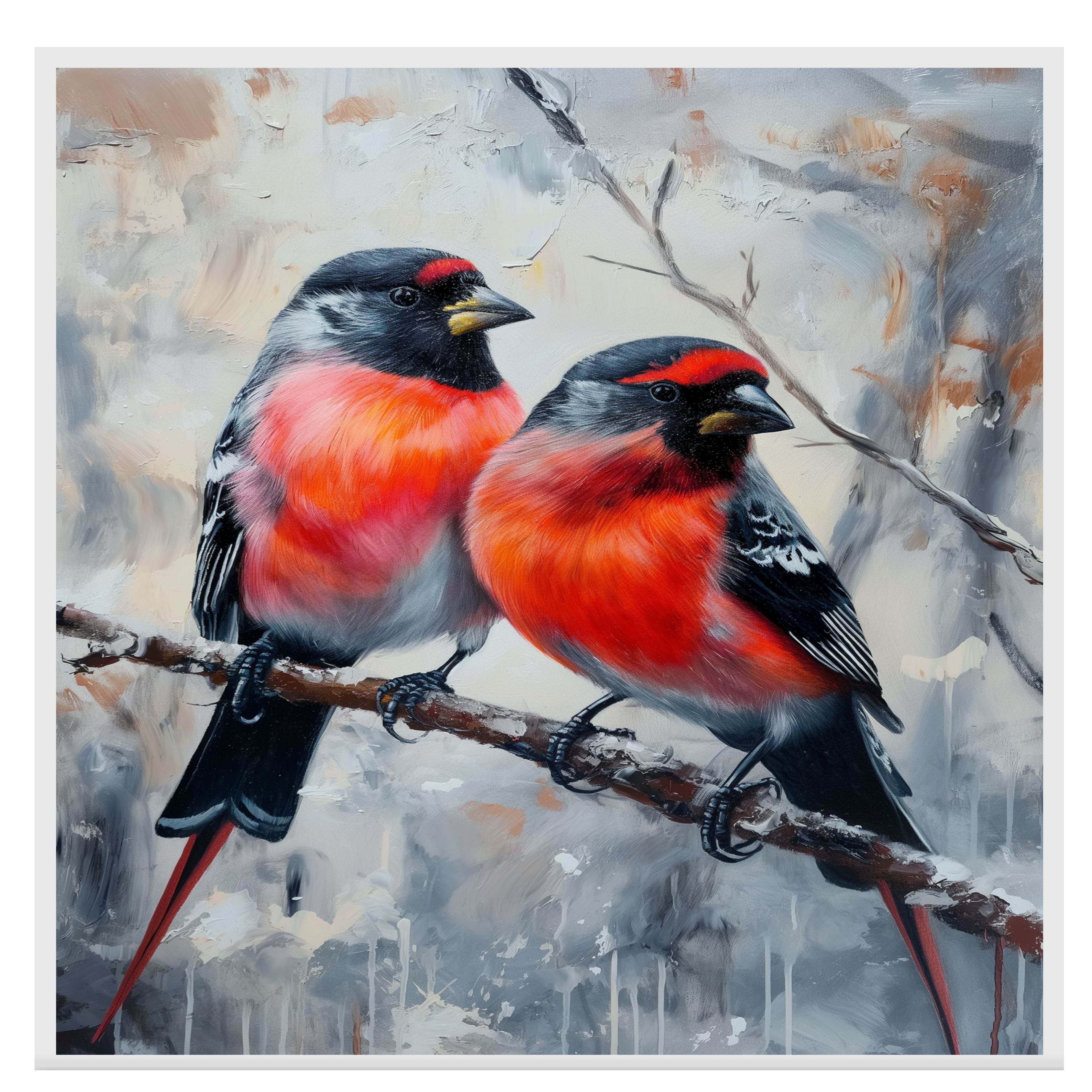 Colorful Bullfinches on Winter Branch Painting Print Featuring Red and Black Songbirds Perched in a Snowy Forest Scene with Artistic Background on Ready to Hang 1.5" Thick Canvas Wrap, Floating Framed Canvas, Flat Rolled Canvas