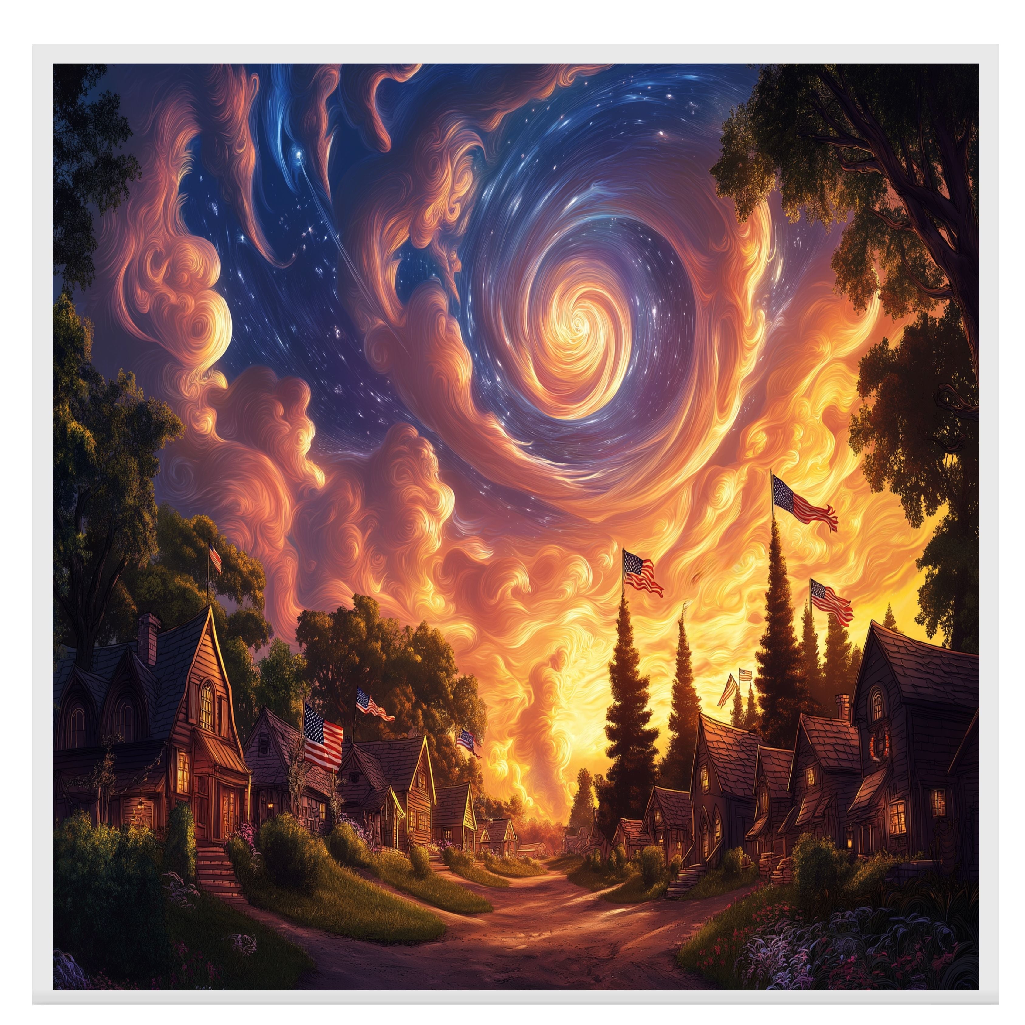 Glowing 4th of July Village at Dusk with Swirling Sky and Flags, Whimsical Americana Scene with Magical Clouds, Starlight, and Patriotic Celebration on Ready to Hang 1.5" Thick Canvas Wrap, Floating Framed Canvas, Flat Rolled Canvas