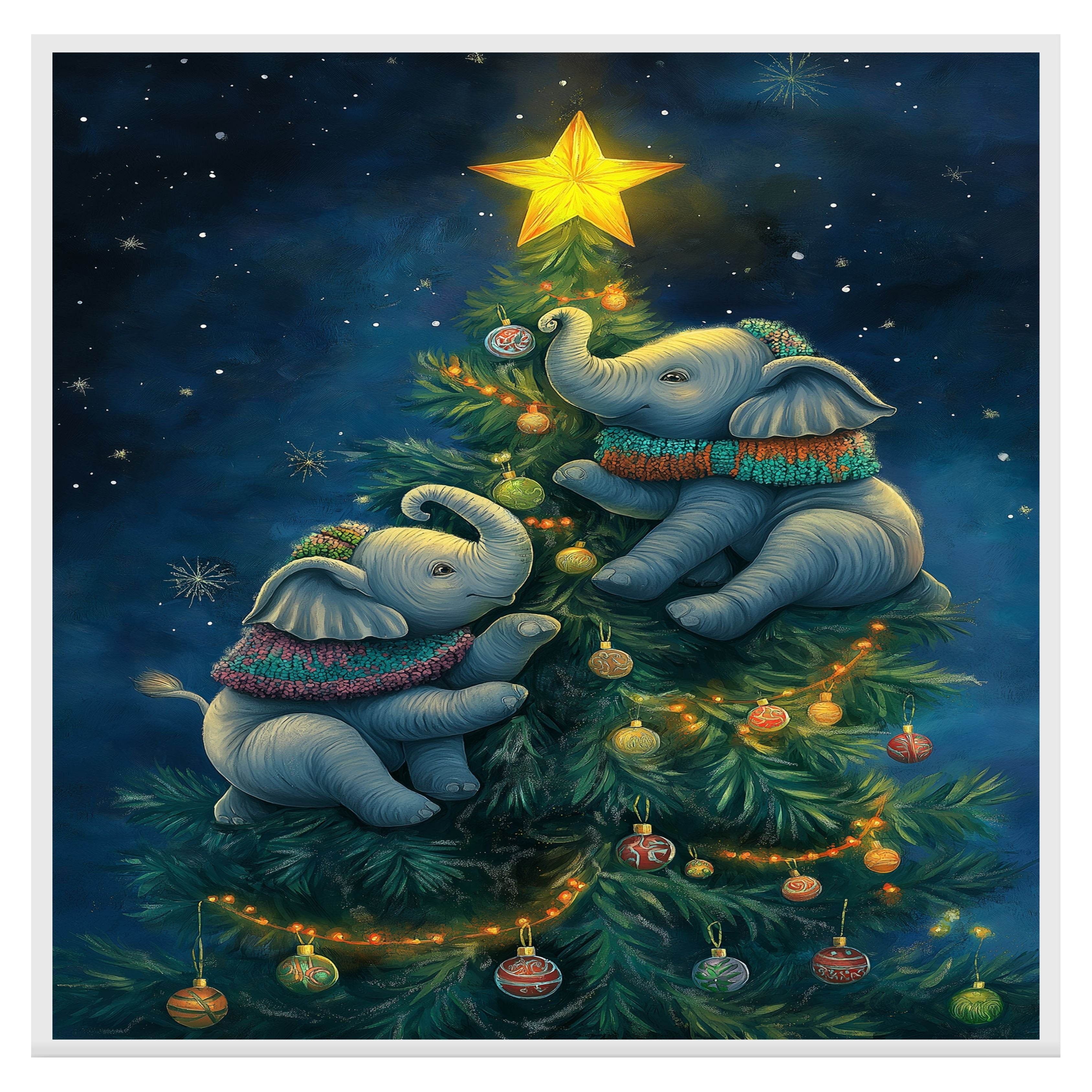 Christmas Baby Elephants Climbing Tree with Ornaments and Star in Cozy Sweaters Under a Starry Sky Holiday Art Print for Kids Room or Seasonal Decor on Ready to Hang 1.5" Thick Canvas Wrap, Floating Framed Canvas, Flat Rolled Canvas