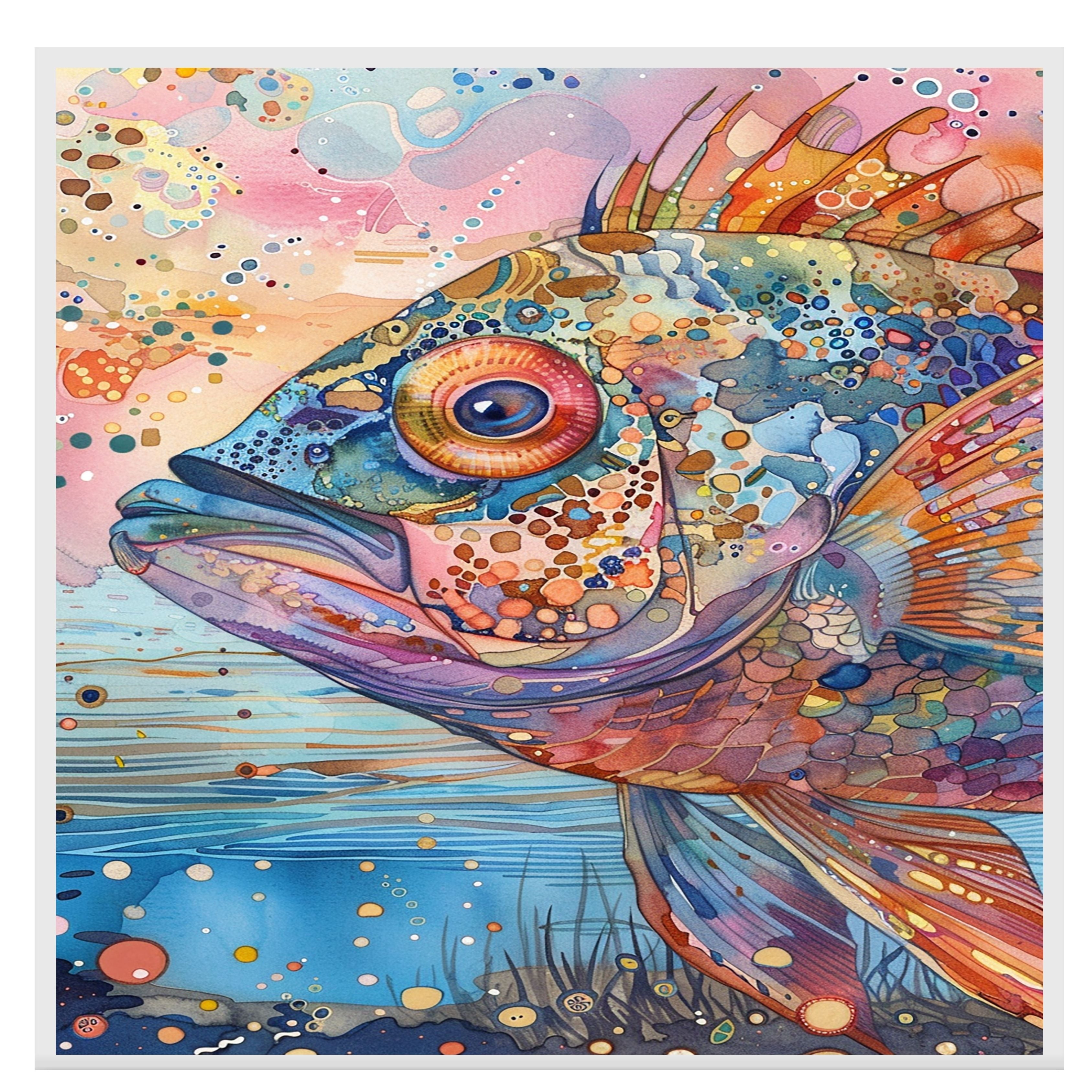 Abstract Watercolor Fish Close-Up in Multicolor Pattern with Ocean Background for Aquatic Wall Art Lovers on Ready to Hang 1.5" Thick Canvas Wrap, Floating Framed Canvas, Flat Rolled Canvas