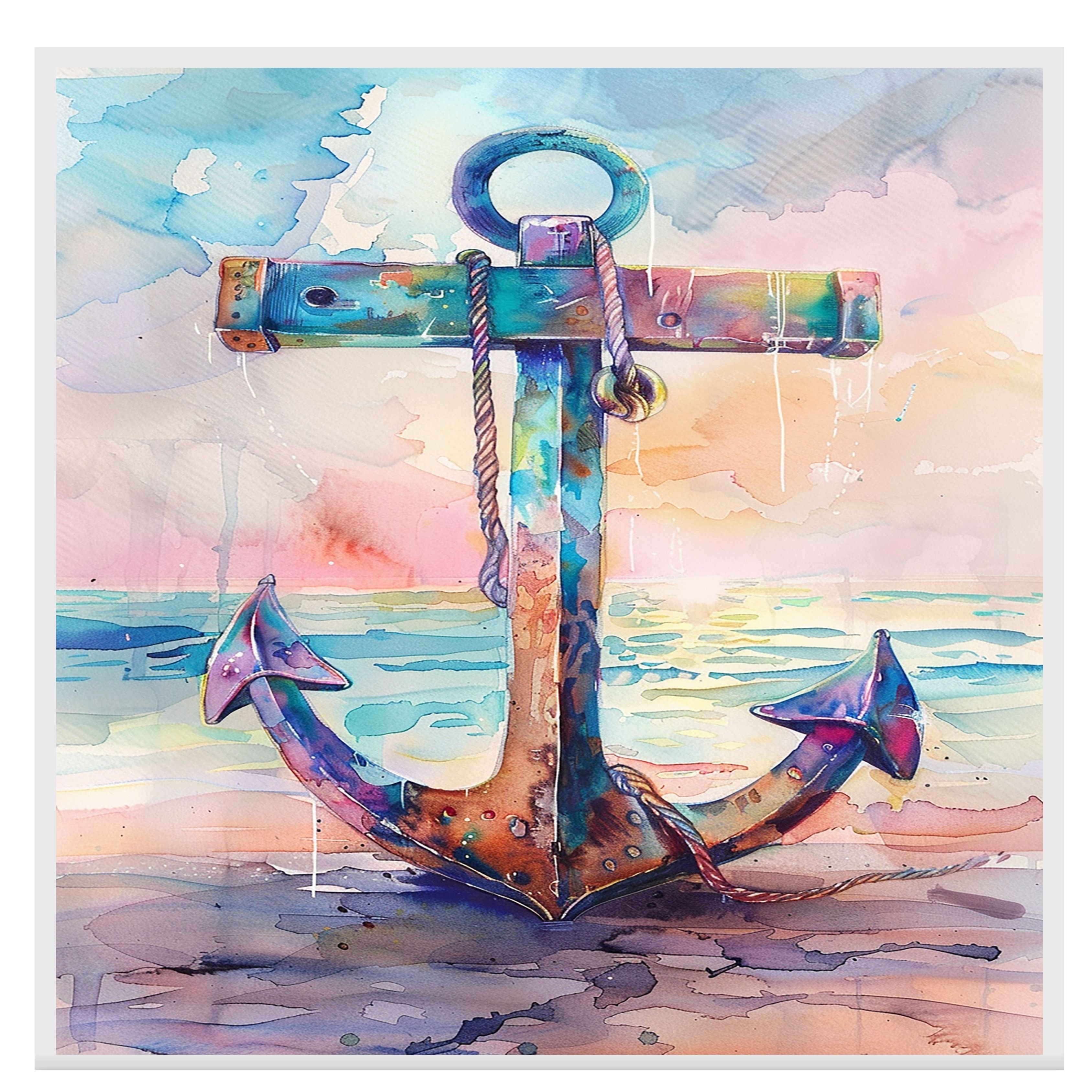 Watercolor Painting of a Multicolored Anchor on the Shore with Ocean Reflections and a Warm Sunset Coastal Sky on Ready to Hang 1.5" Thick Canvas Wrap, Floating Framed Canvas, Flat Rolled Canvas
