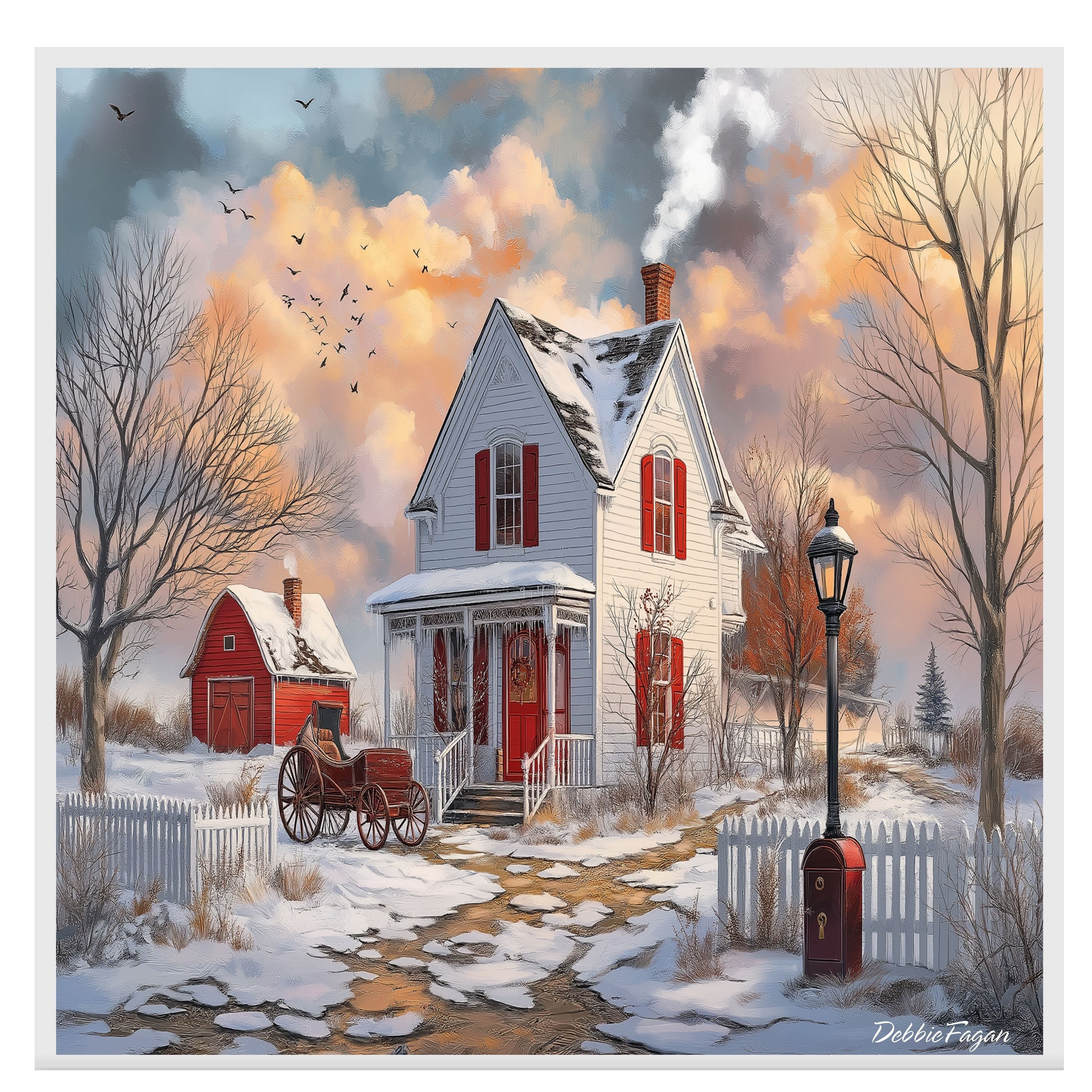 Winter White Farmhouse – Cozy Snow-Covered Country Home with Red Barn and Sleigh Wall Art Print on Ready to Hang 1.5" Thick Canvas Wrap, Floating Framed Canvas, Flat Rolled Canvas