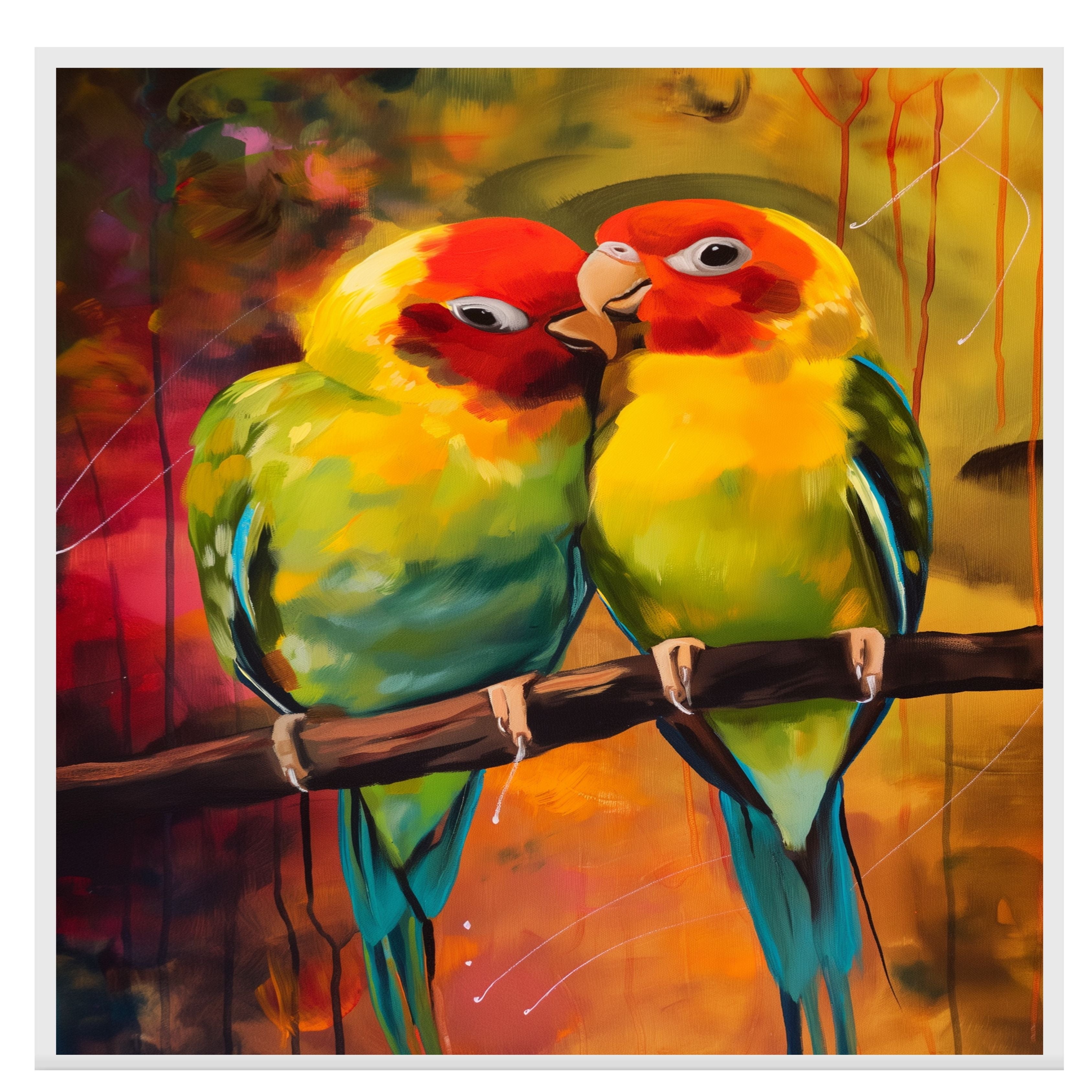 Affectionate Lovebird Pair Painting Featuring Vibrant Parrots in Red, Yellow, and Green Plumage Sharing a Tender Moment on a Branch in a Colorful Jungle Scene on Ready to Hang 1.5" Thick Canvas Wrap, Floating Framed Canvas, Flat Rolled Canvas