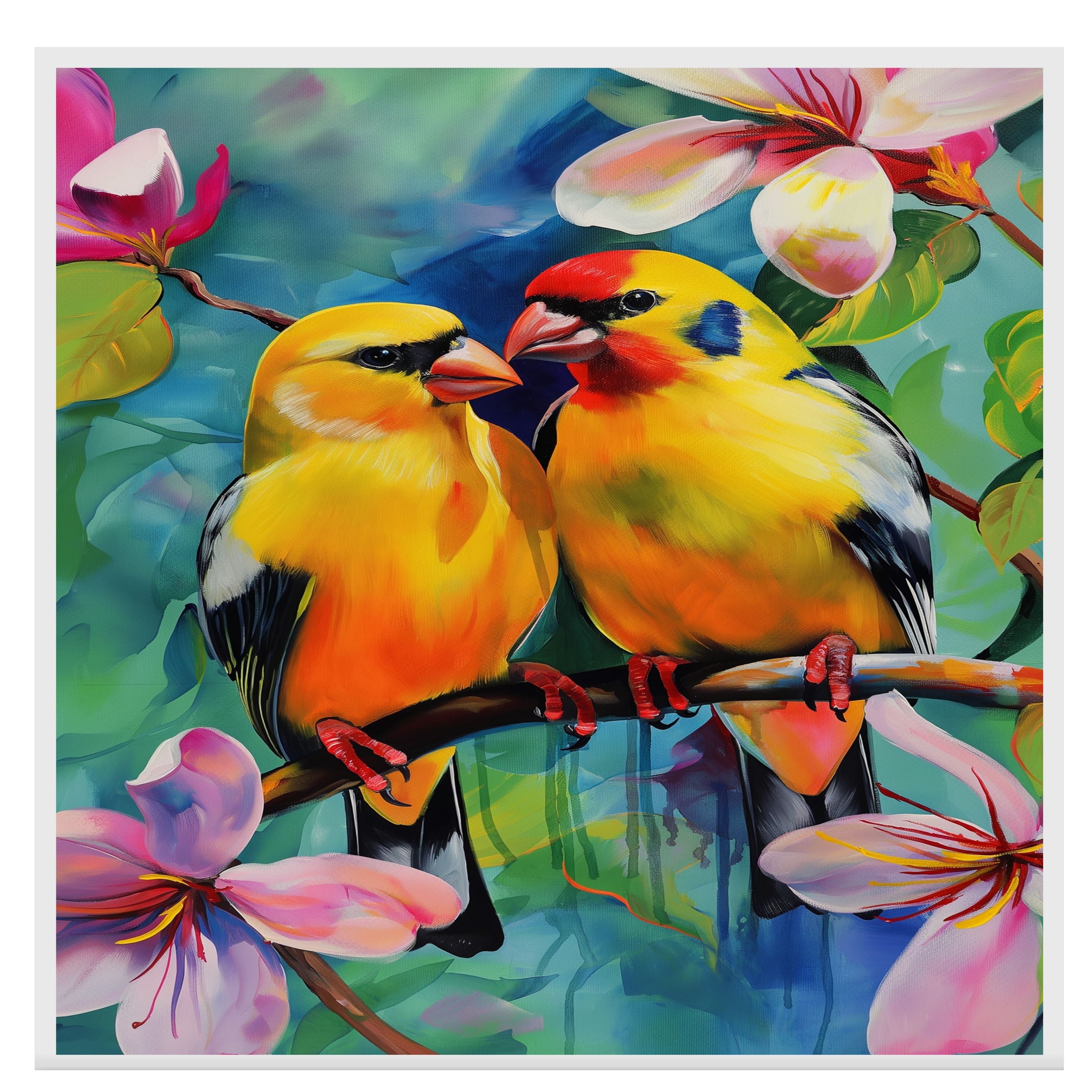 Charming Yellow Bird Pair Artwork Featuring Bright Plumage and Blossoms on a Branch with a Lush Floral Background in Vivid Colors and Whimsical Style on Ready to Hang 1.5" Thick Canvas Wrap, Floating Framed Canvas, Flat Rolled Canvas