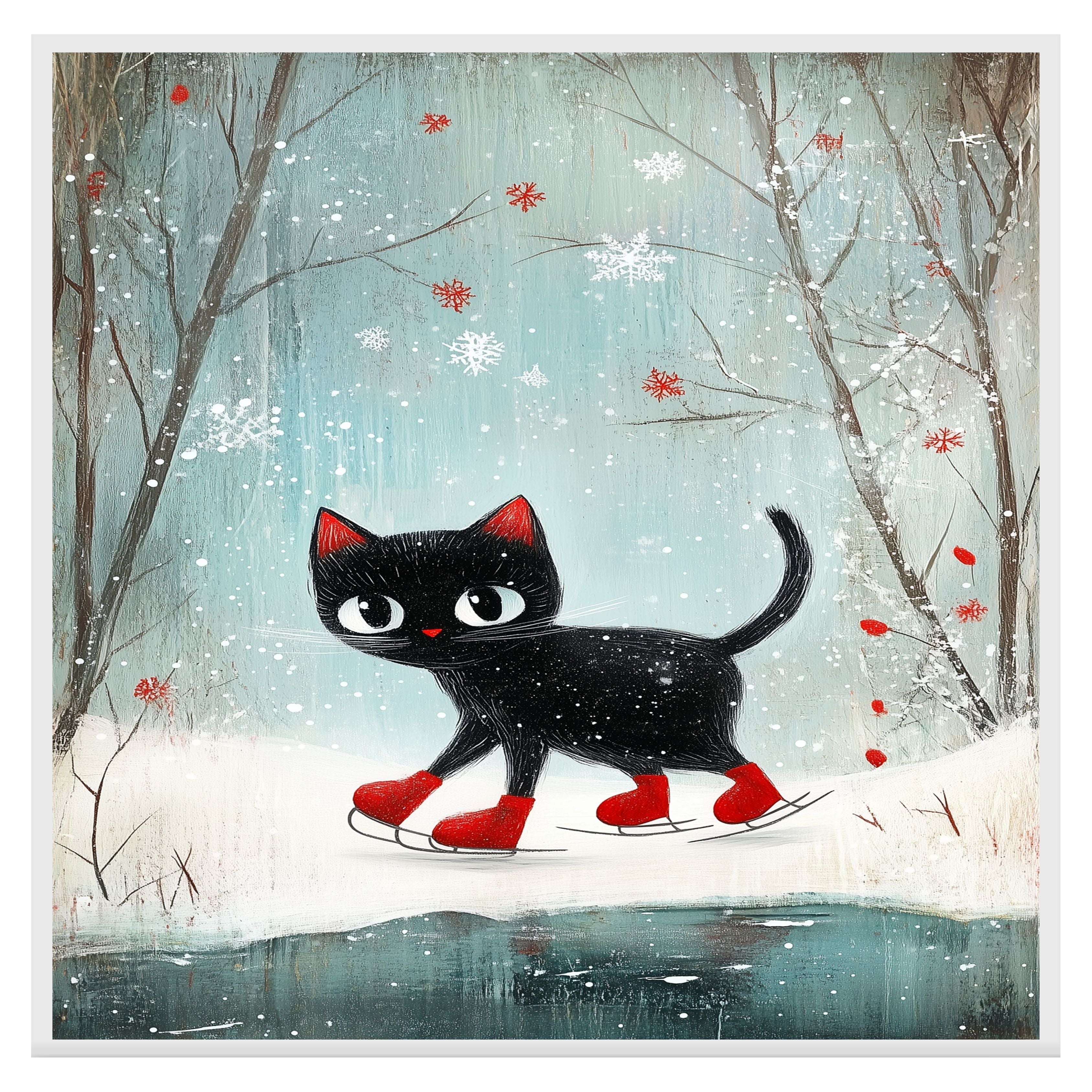 Christmas Wall Art Featuring Black Cat in Red Skates Gliding on Ice in Snowy Forest Whimsical Holiday Illustration Perfect for Cat Lovers and Winter Home Decor on Ready to Hang 1.5" Thick Canvas Wrap, Floating Framed Canvas, Flat Rolled Canvas