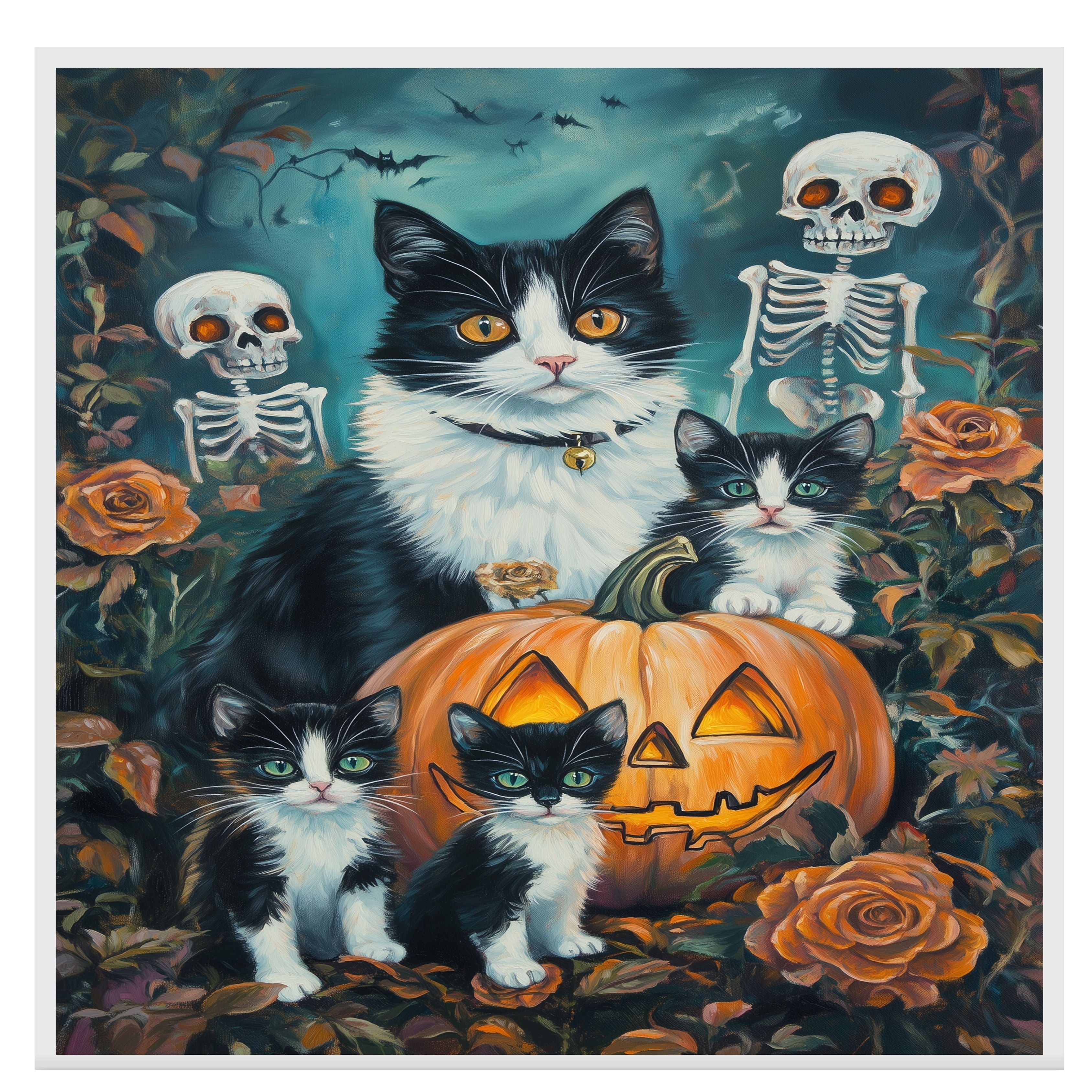 Haunting Whiskers: Tuxedo Cat Mom and Three Kittens in a Spooky Forest on Ready to Hang 1.5" Thick Canvas Wrap, Floating Framed Canvas, Flat Rolled Canvas