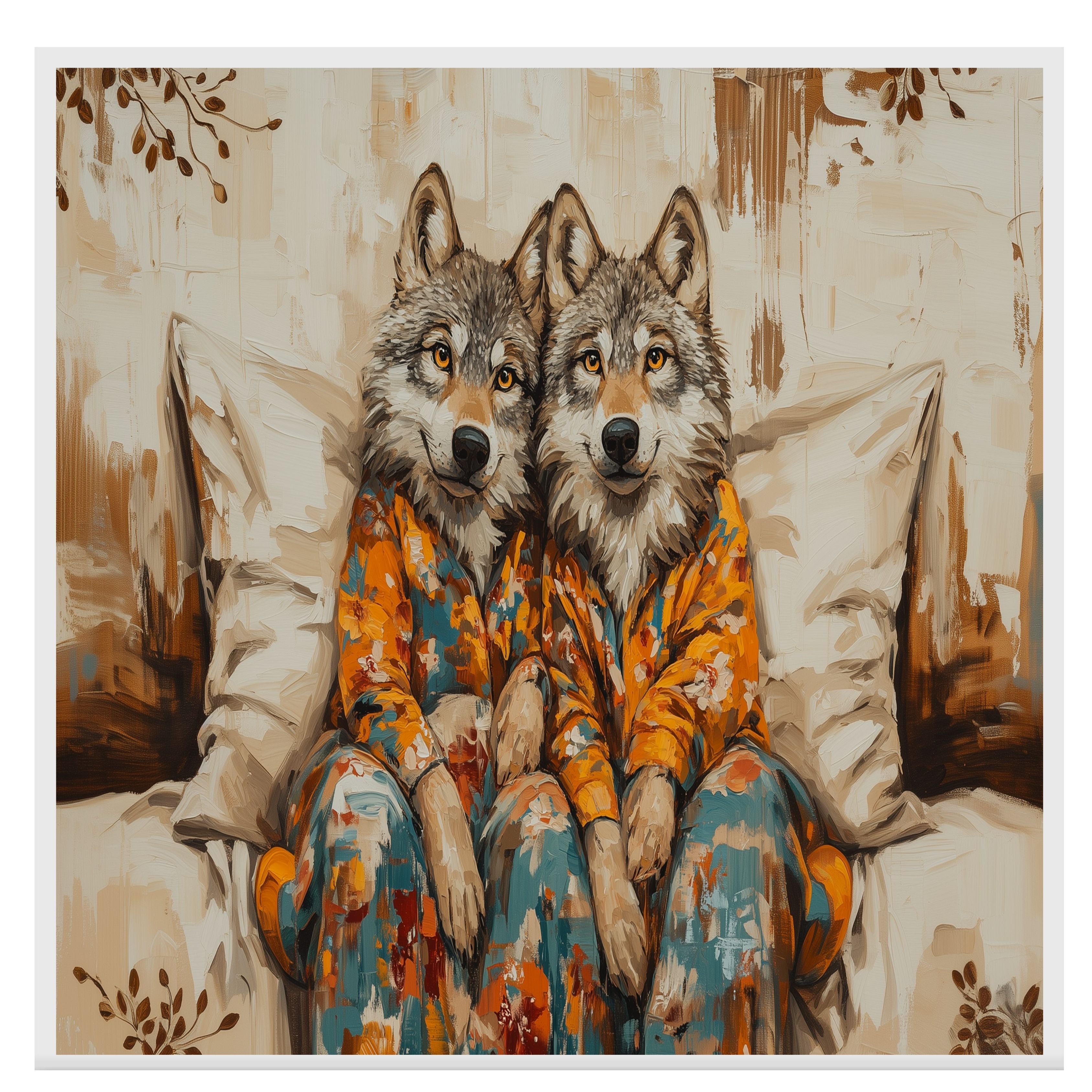 Majestic Painting of Two Wolves in Pajamas Sitting on a Cozy Bed with Warm Tones and Floral Accents in a Whimsical Woodland-Inspired Composition on Ready to Hang 1.5" Thick Canvas Wrap, Floating Framed Canvas, Flat Rolled Canvas