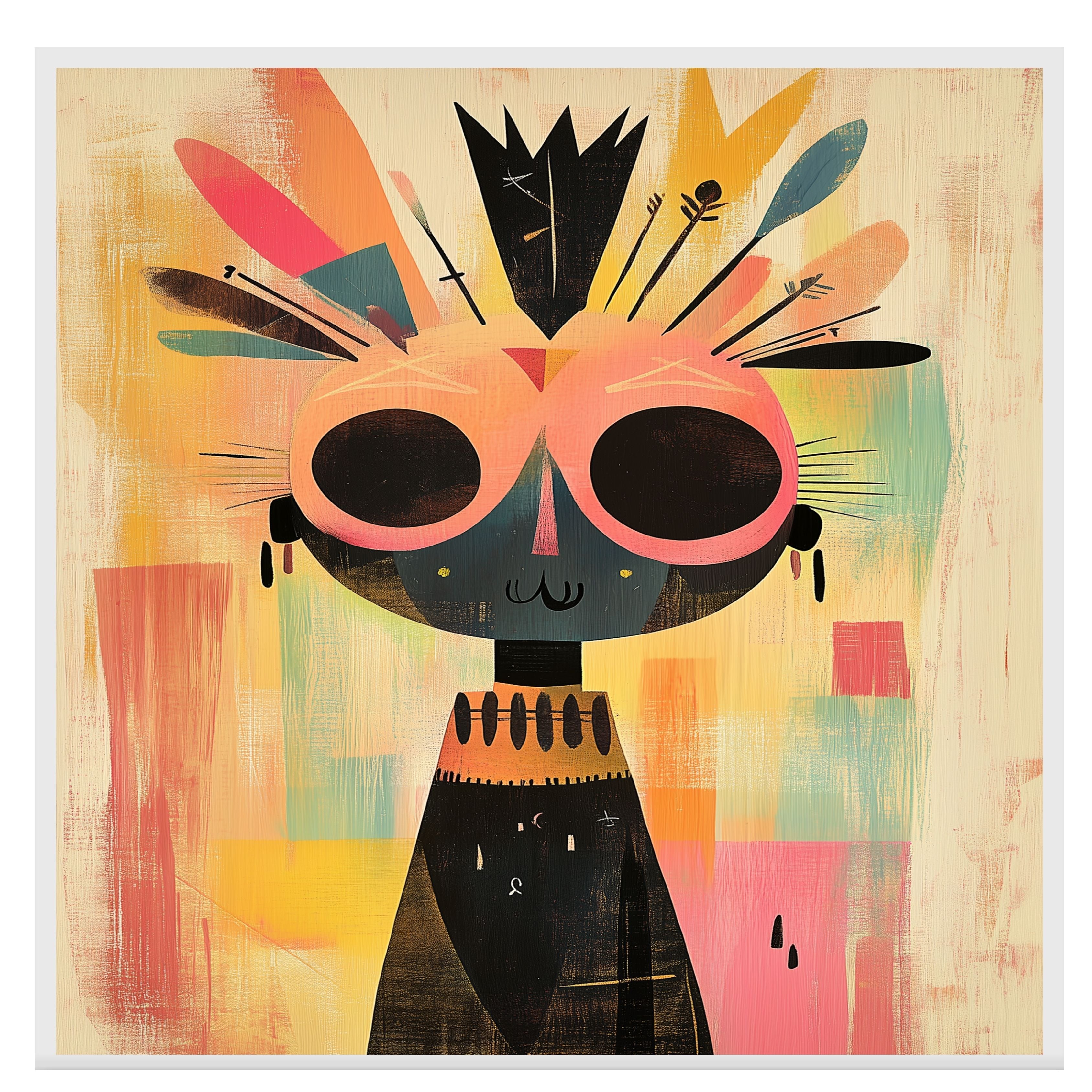 Colorful Abstract Tribal Character Art in Mid-Century Modern Style with Bold Feathers and Whimsical Expression for Living Room or Office Display on Ready to Hang 1.5" Thick Canvas Wrap, Floating Framed Canvas, Flat Rolled Canvas