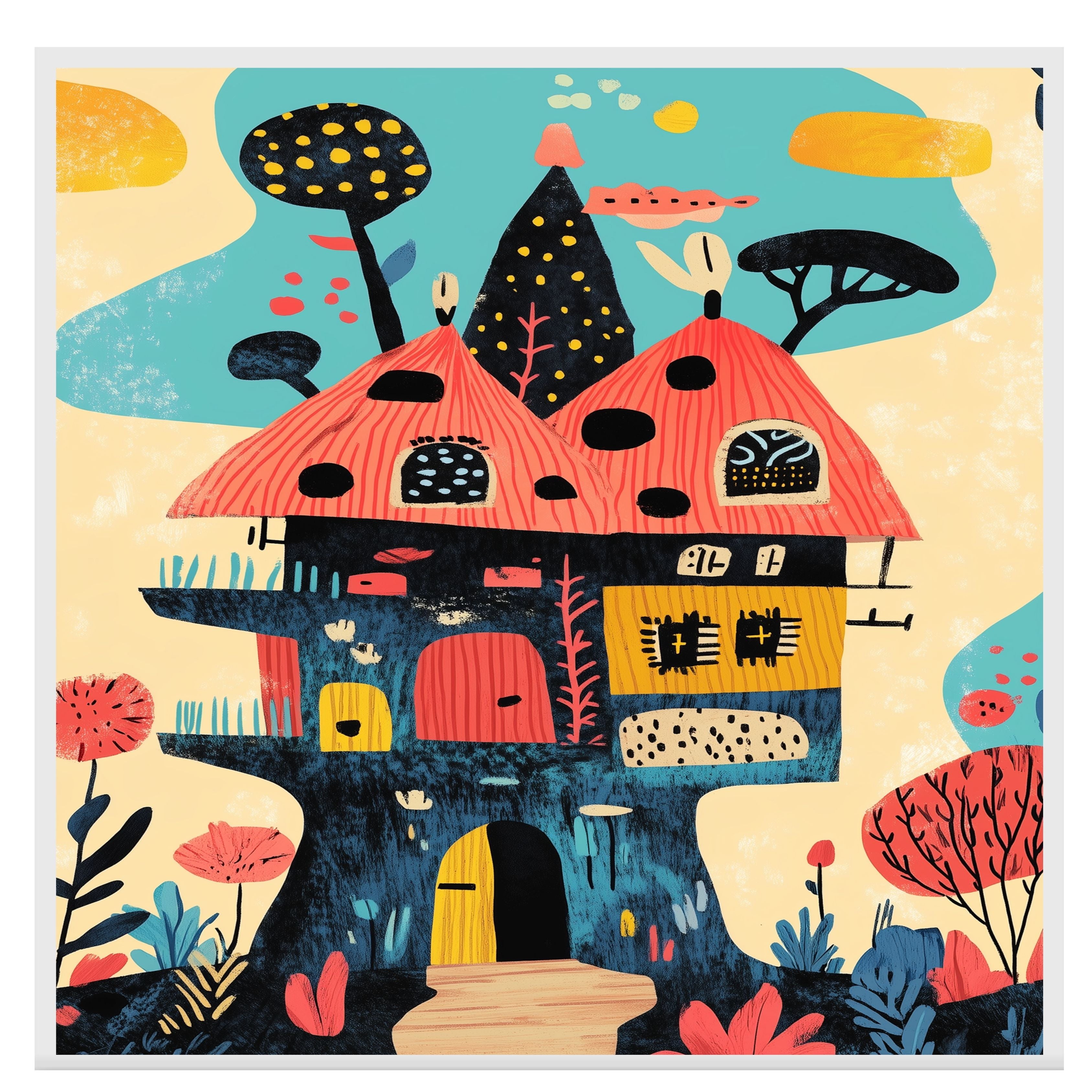 Whimsical Fantasy House with Bright Colors and Playful Mid-Century Modern Illustration Style on Ready to Hang 1.5" Thick Canvas Wrap, Floating Framed Canvas, Flat Rolled Canvas