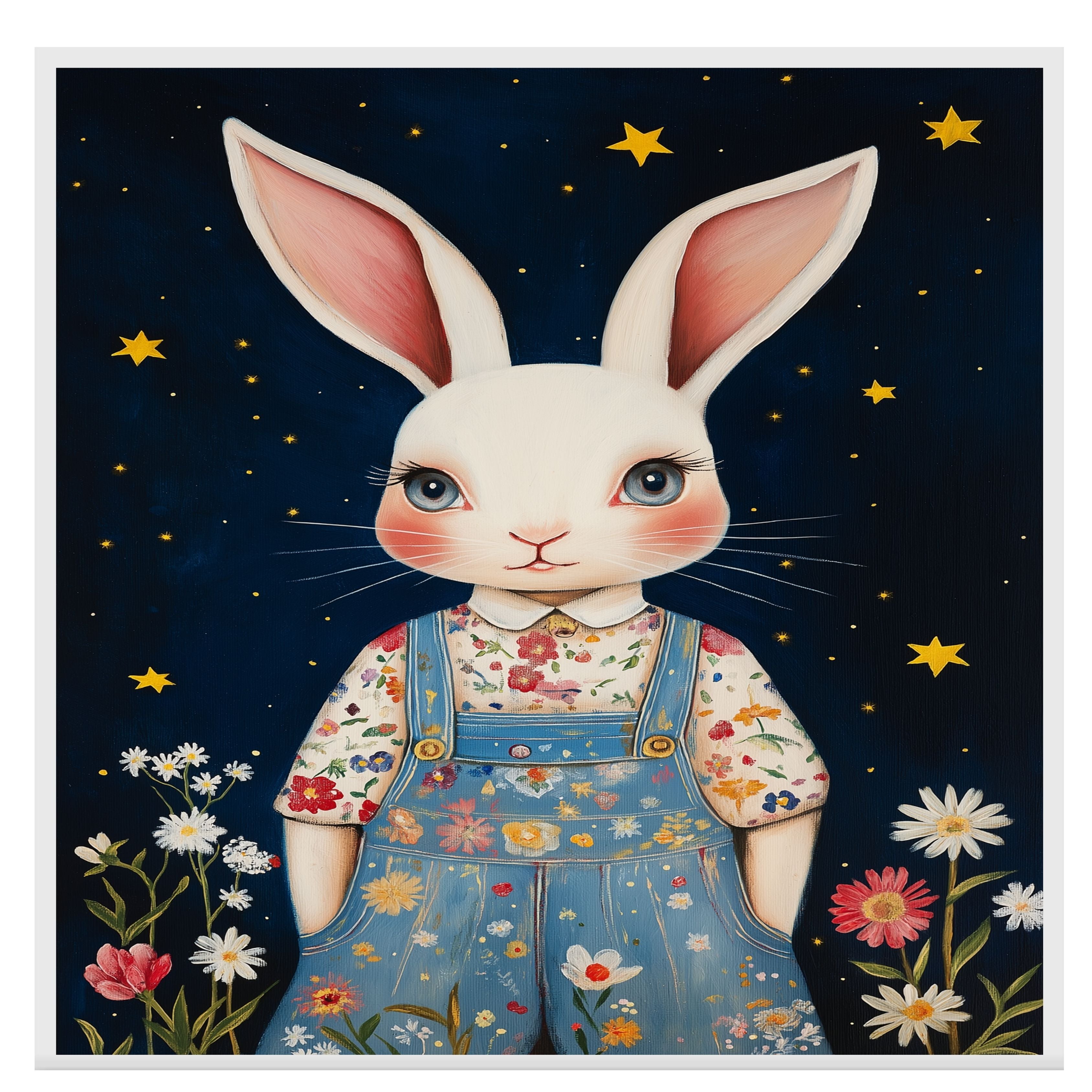 Adorable White Bunny in Floral Overalls Hand Painted Art Magical Starry Night Scene Perfect for Nursery Kids Room Home Wall Decor Bedroom or Gift on Ready to Hang 1.5" Thick Canvas Wrap, Floating Framed Canvas, Flat Rolled Canvas