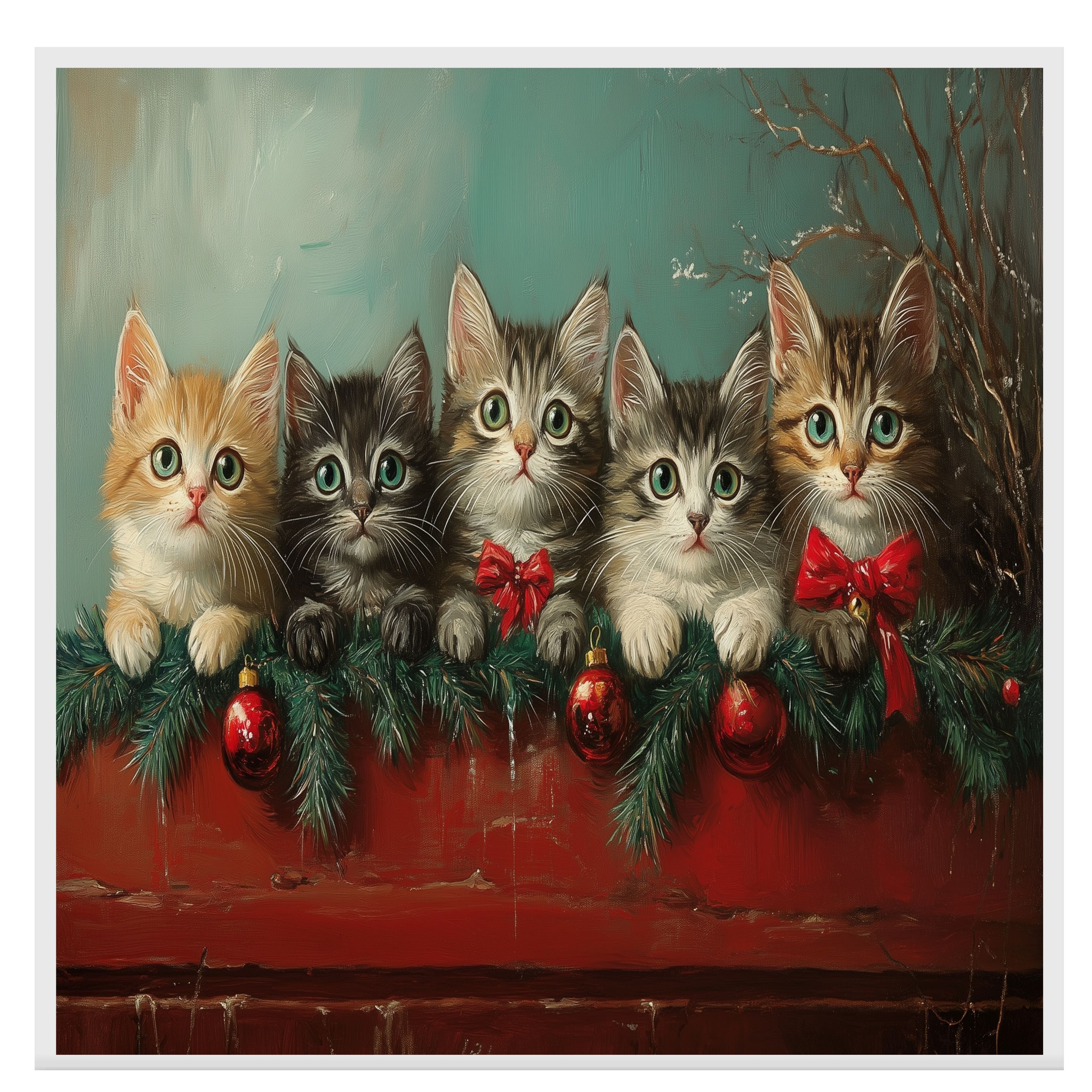 "Retro Christmas Charm: Five Adorable Kittens" Vintage-Style Holiday Scene on Ready to Hang 1.5" Thick Canvas Wrap, Floating Framed Canvas, Flat Rolled Canvas