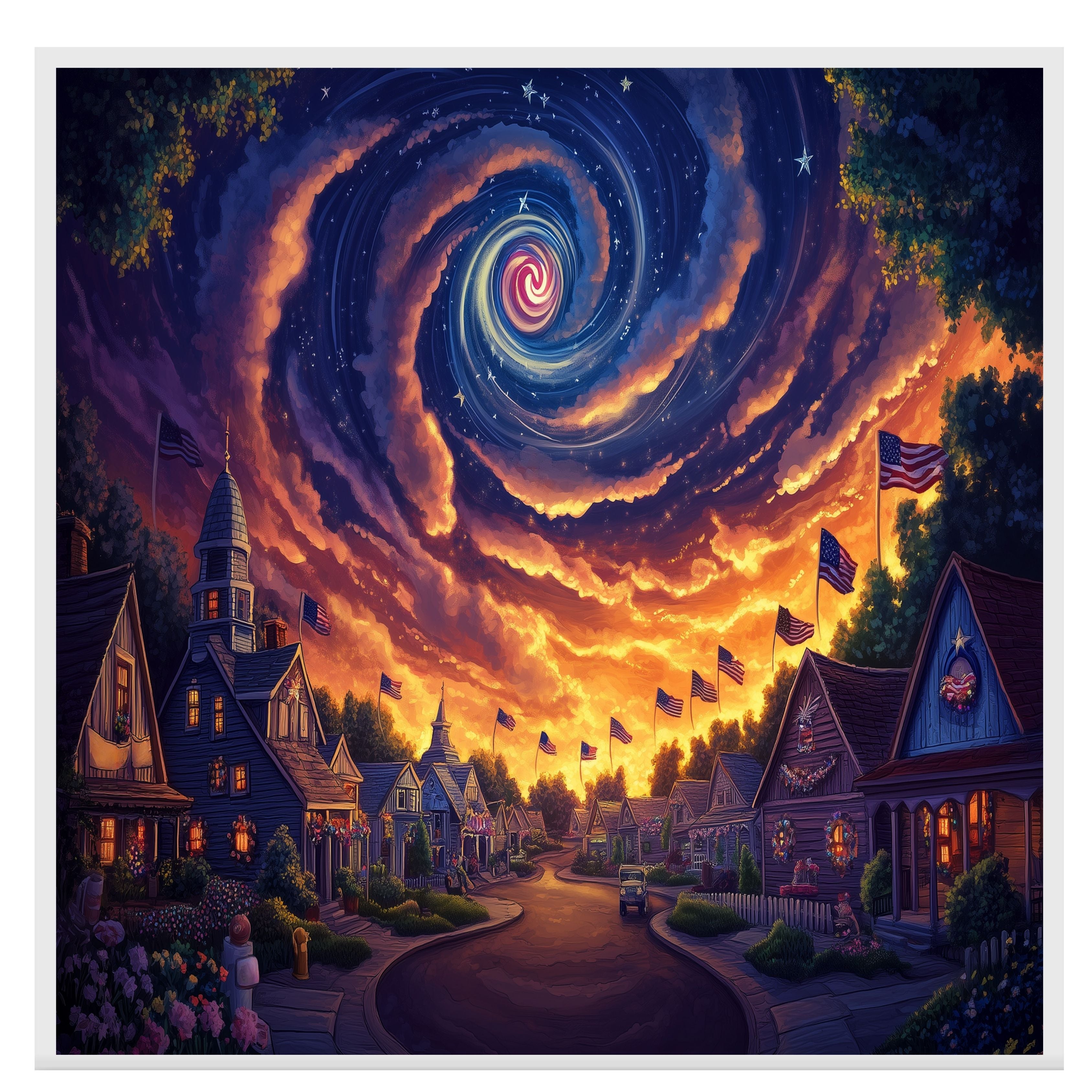 Magical 4th of July Village at Sunset with American Flags and Swirling Galaxy Sky, Glowing Homes and Patriotic Charm in a Dreamy Celebration of Freedom on Ready to Hang 1.5" Thick Canvas Wrap, Floating Framed Canvas, Flat Rolled Canvas