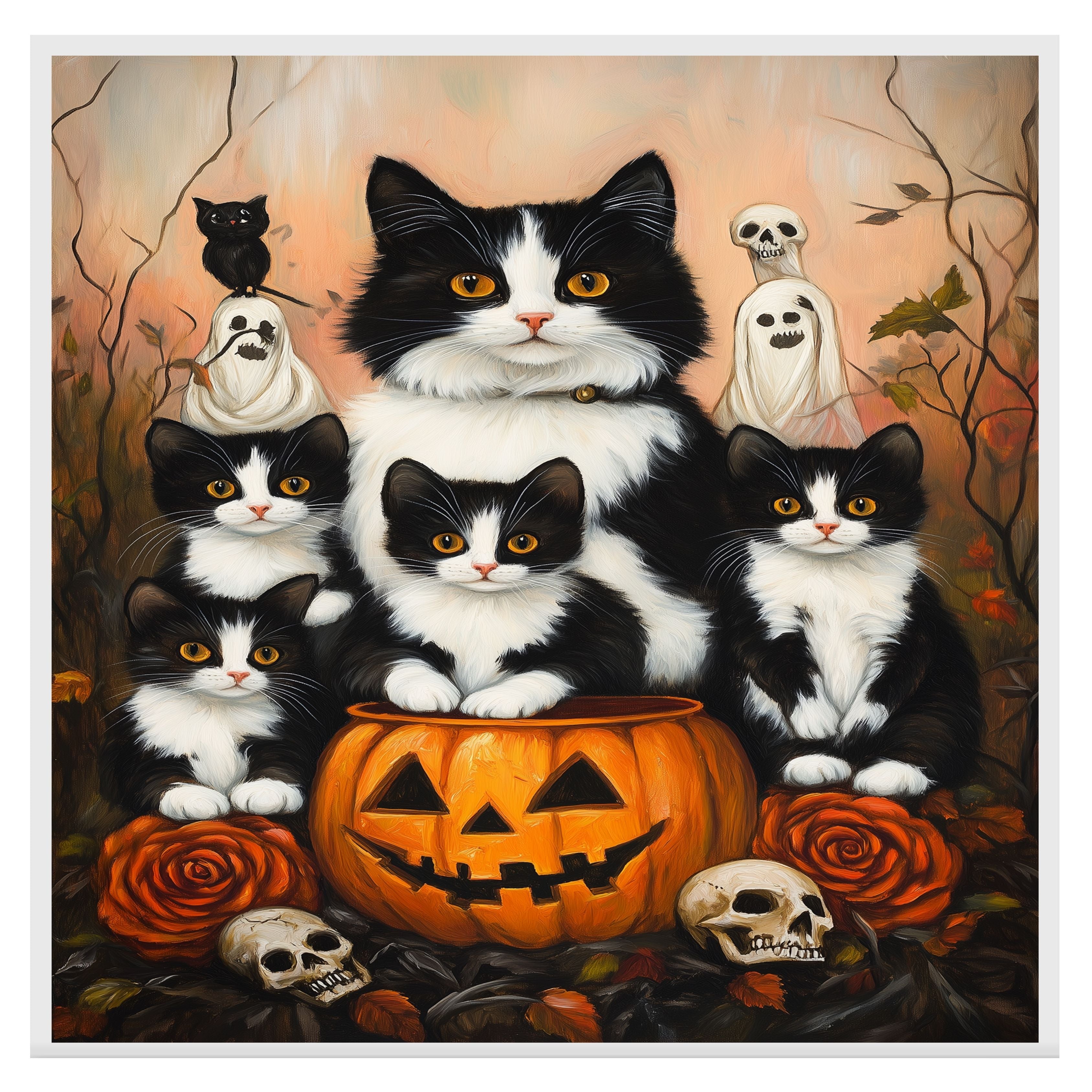 Haunting Whispers: Tuxedo Cat Mom and Four Kittens in a Spooky Forest on Ready to Hang 1.5" Thick Canvas Wrap, Floating Framed Canvas, Flat Rolled Canvas
