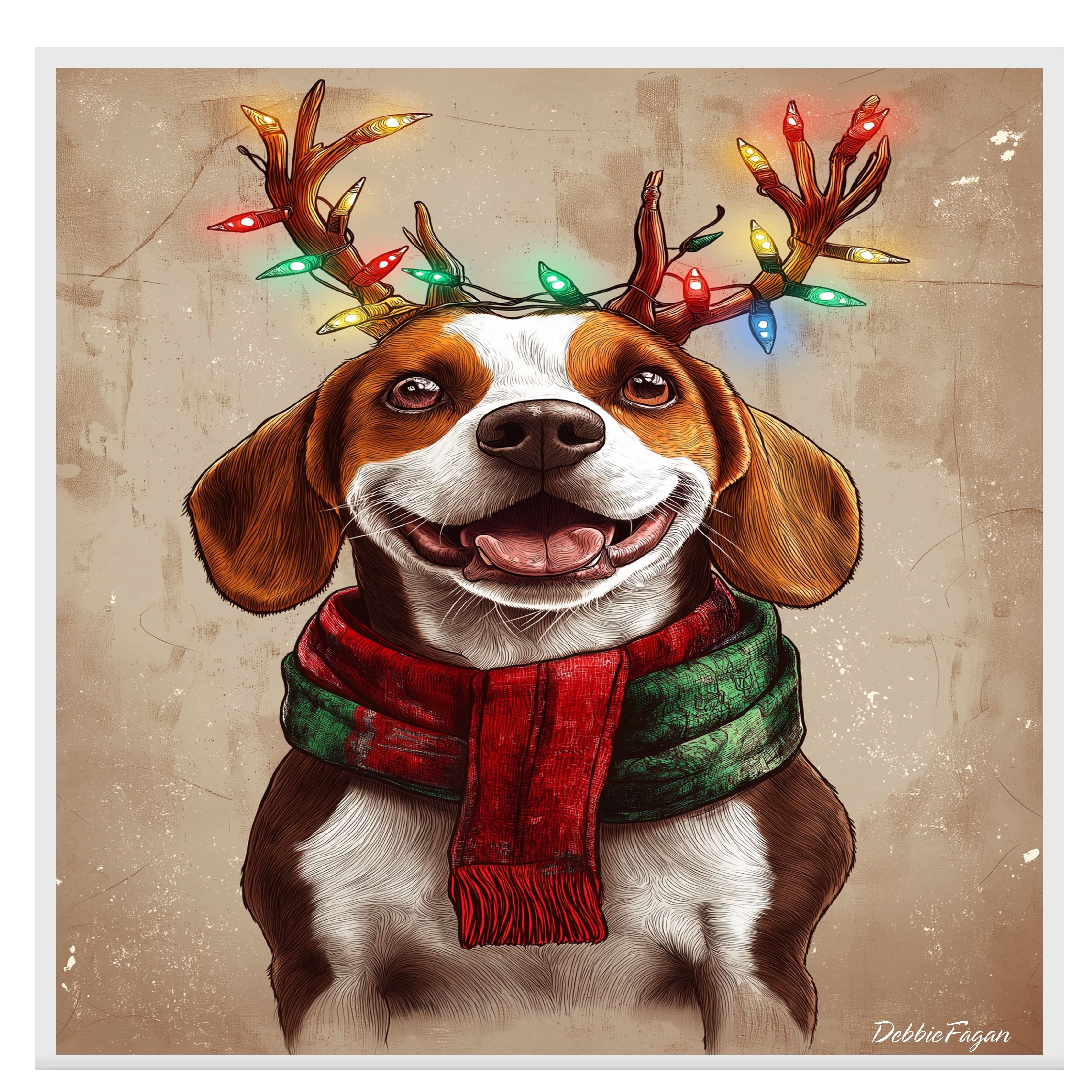 Beagle Holiday Joy - 'Rustic Reindeer' - Beagle Dog with Lighted Antlers & Cozy Scarf on Rustic Background, Ready to Hang 1.5" Thick Canvas Wrap, Floating Framed Canvas, Flat Rolled Canvas