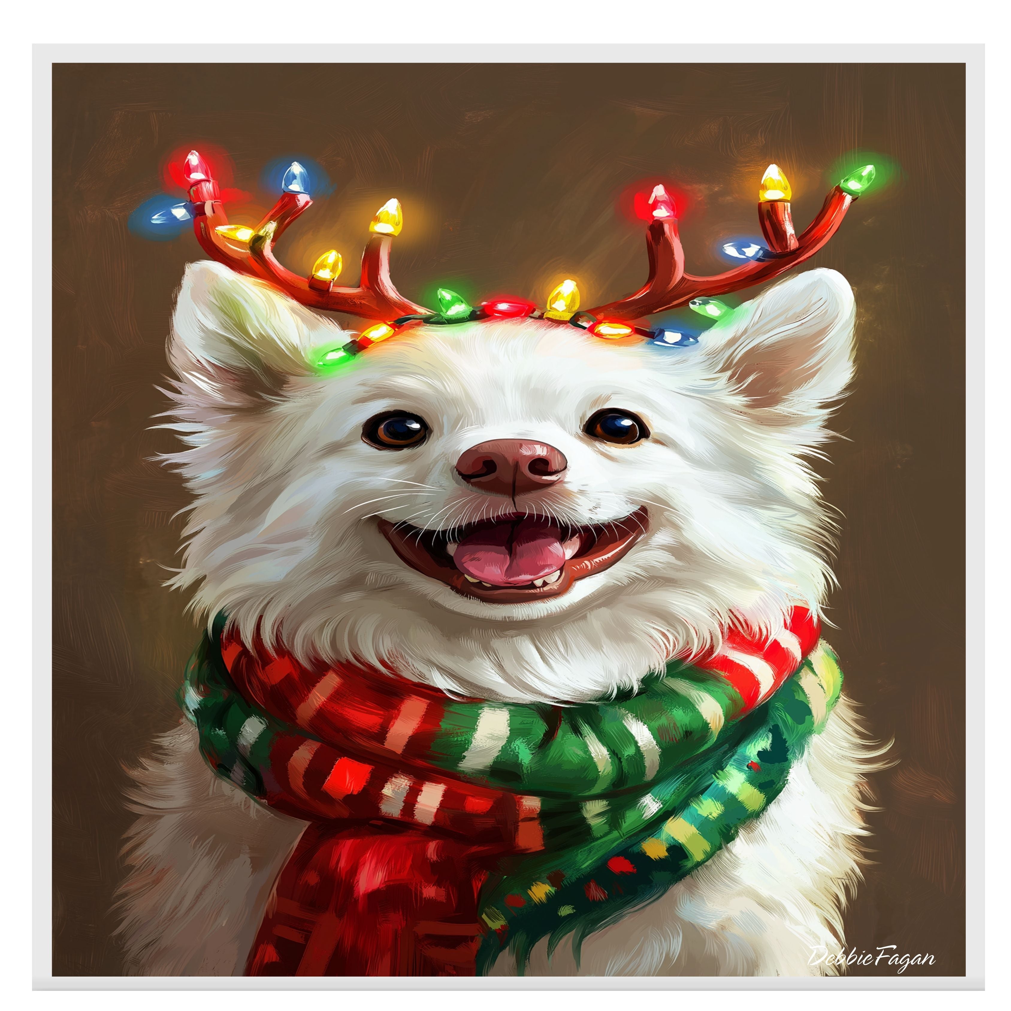 Frosty Festivities' - American Eskimo Dog with Twinkling Antlers & Cozy Scarf on Rustic Background, Ready to Hang 1.5" Thick Canvas Wrap, Floating Framed Canvas, Flat Rolled Canvas