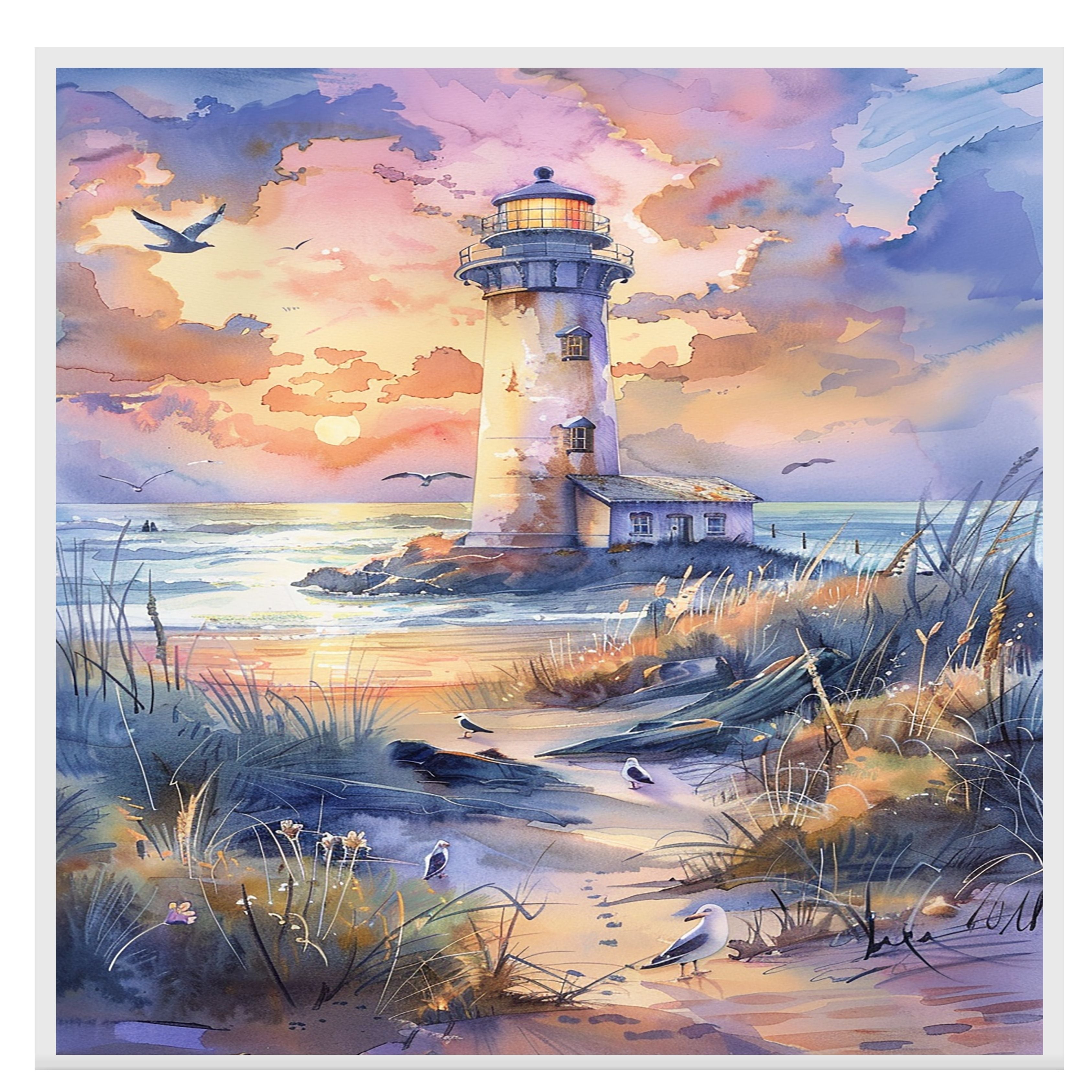 Charming Lighthouse by Ocean Shore at Sunset with Beach Path Seabirds and Colorful Sky in Serene Watercolor Scene on Ready to Hang 1.5" Thick Canvas Wrap, Floating Framed Canvas, Flat Rolled Canvas