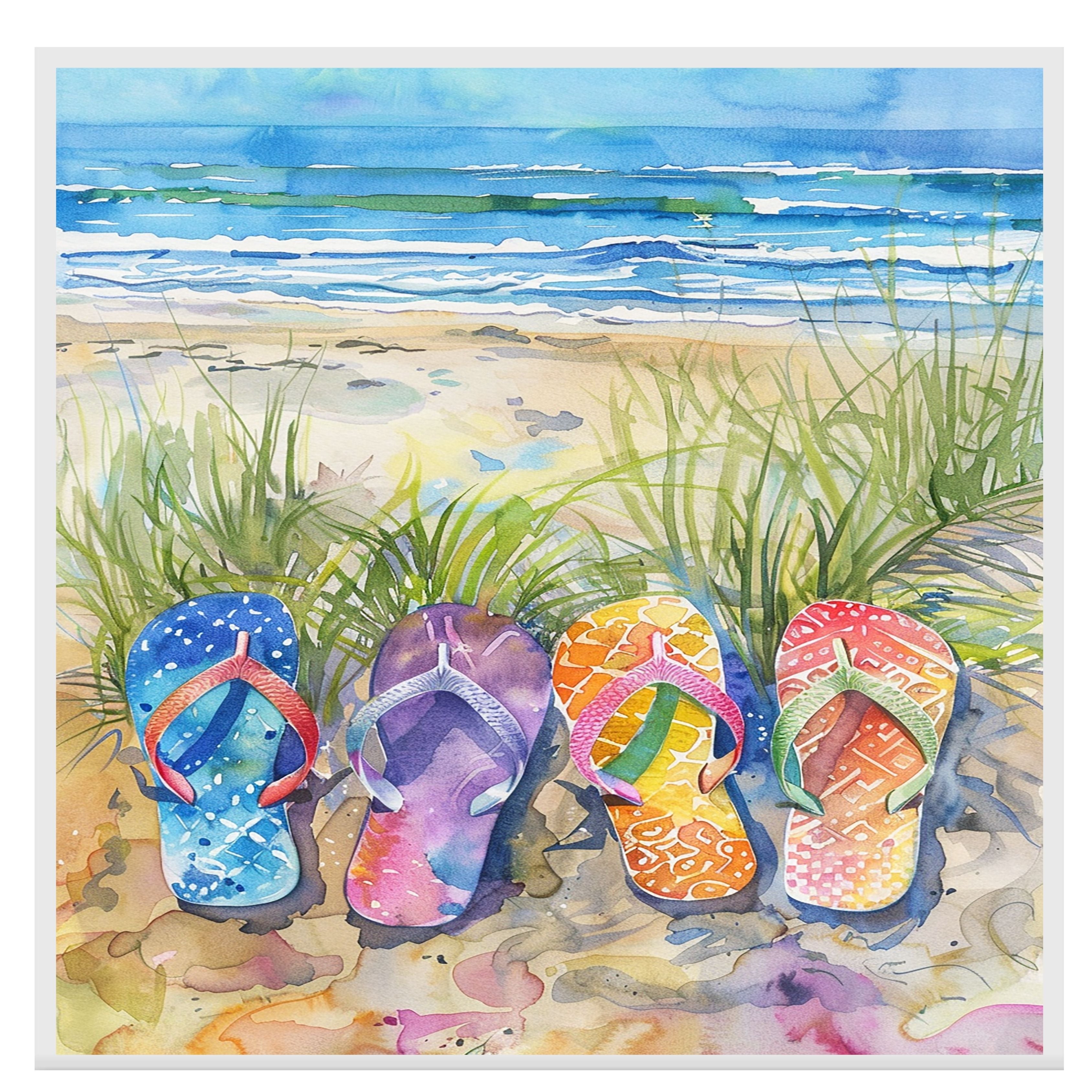 Four Colorful Flip Flops in Beach Grass by Ocean Shore in Vibrant Watercolor Summer Coastal Illustration on Ready to Hang 1.5" Thick Canvas Wrap, Floating Framed Canvas, Flat Rolled Canvas