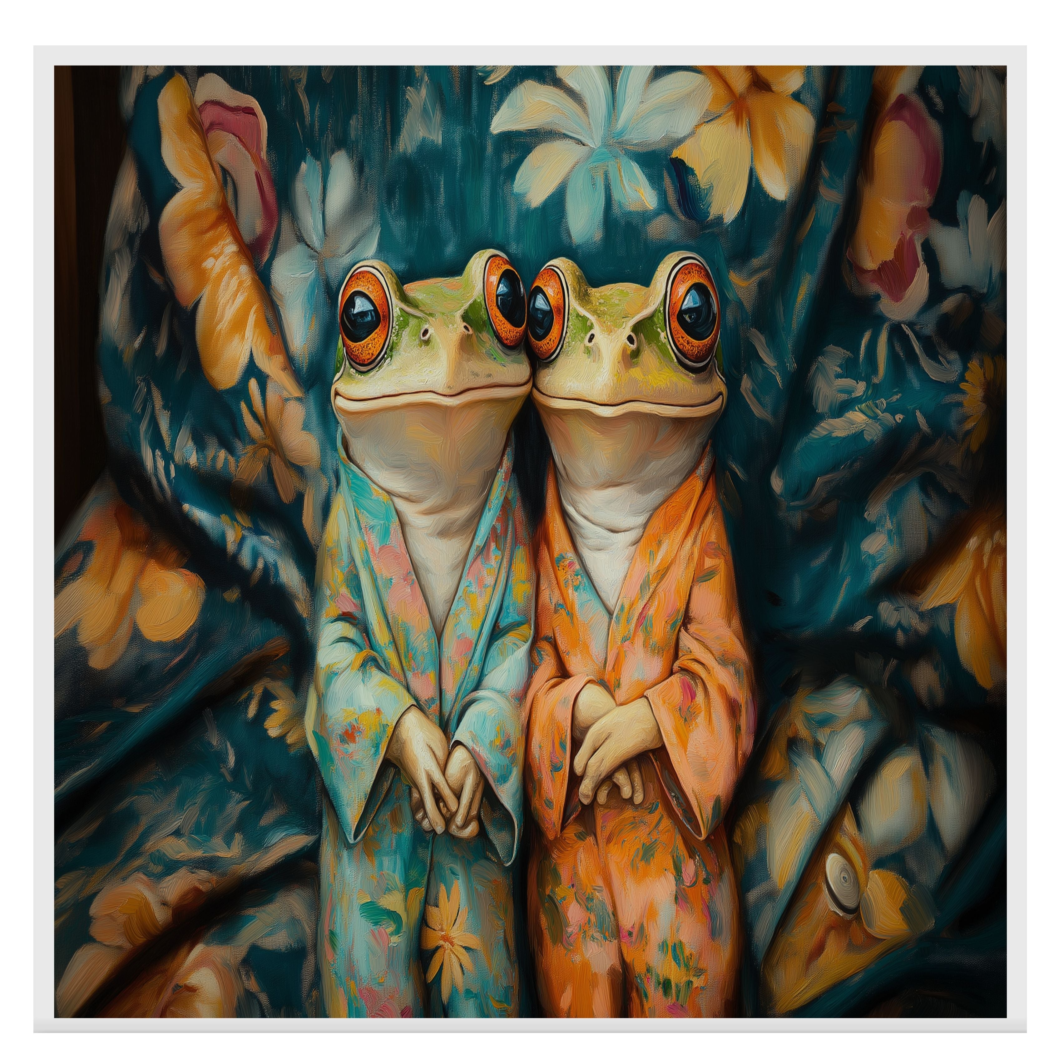 Elegant Painting of Two Frogs in Floral Pajamas Sitting Together with Gentle Expressions on a Bold Botanical Background in Teal and Warm Orange Hues on Ready to Hang 1.5" Thick Canvas Wrap, Floating Framed Canvas, Flat Rolled Canvas