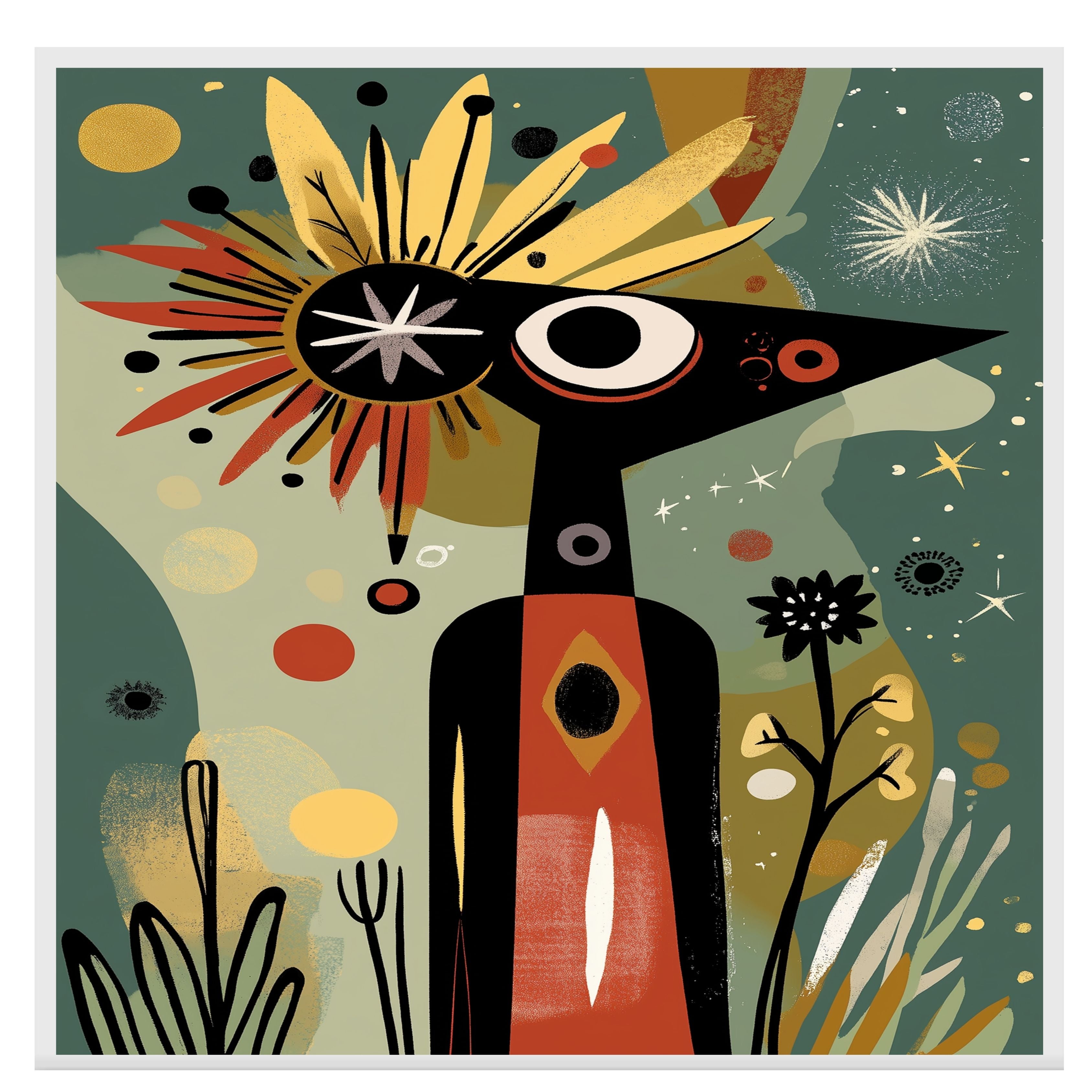 Abstract Tribal-Inspired Figure in Cosmic Botanical Scene with Mid-Century Modern and Folk Art Elements on Ready to Hang 1.5" Thick Canvas Wrap, Floating Framed Canvas, Flat Rolled Canvas