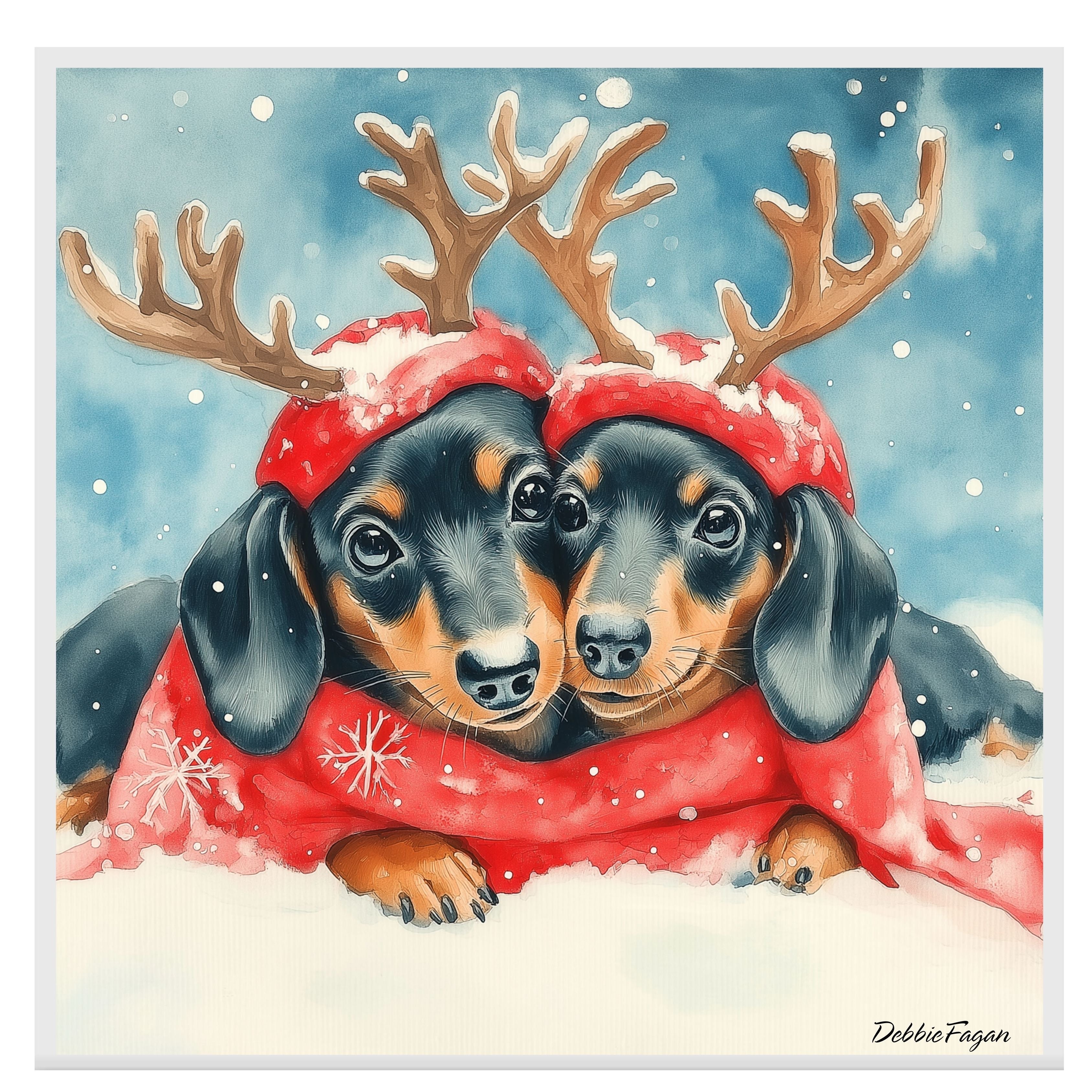 Doxie Christmas Canvas  - "Snowy Snouts" - Cozy Dachshund Dogs with Colorful Antlers in the Winter Snow on Ready to Hang 1.5" Thick Canvas Wrap, Floating Framed Canvas, Flat Rolled Canvas