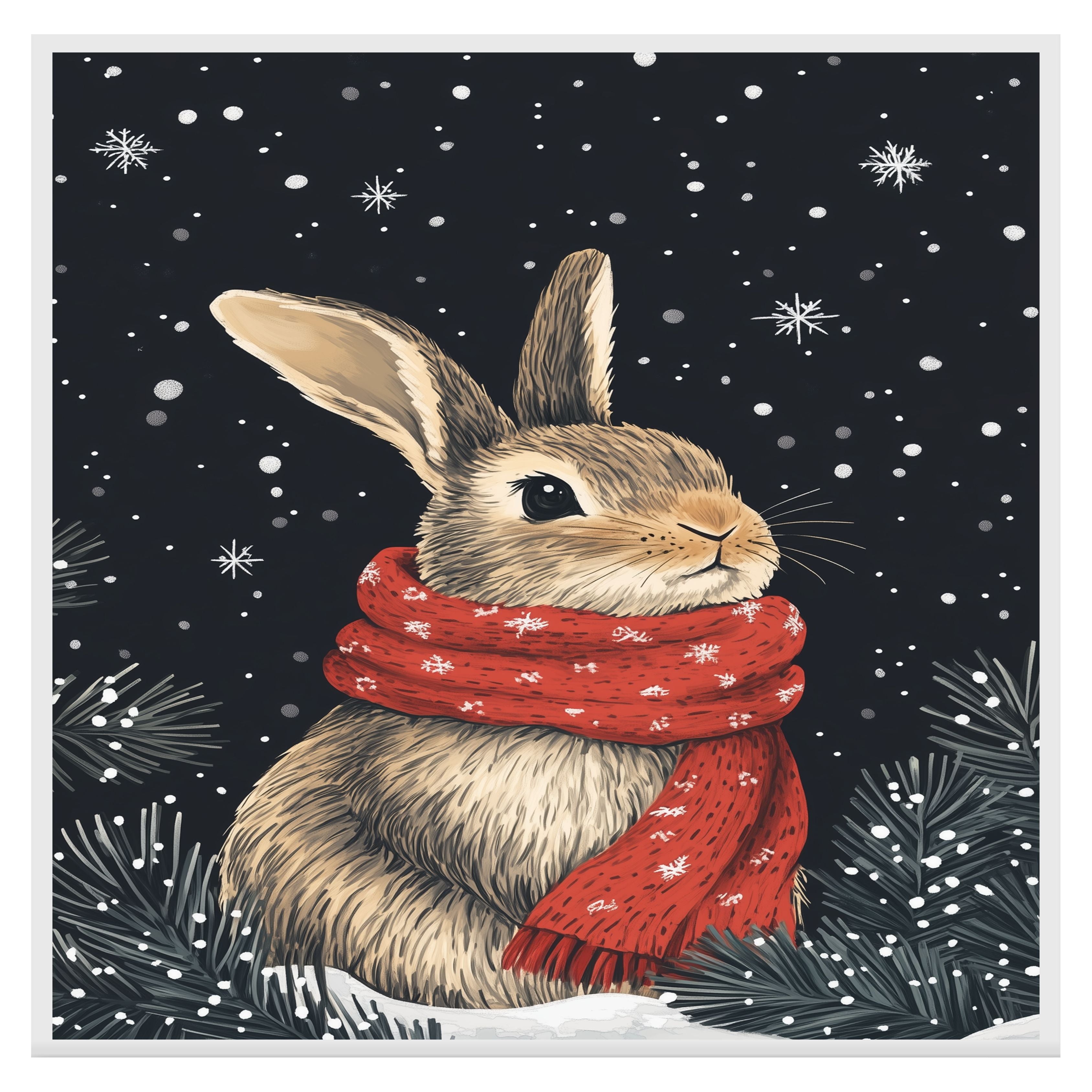 "Winter Wonderland Bunny" - Bunny in Red Scarf Sitting in Snow on Ready to Hang 1.5" Thick Canvas Wrap, Floating Framed Canvas, Flat Rolled Canvas