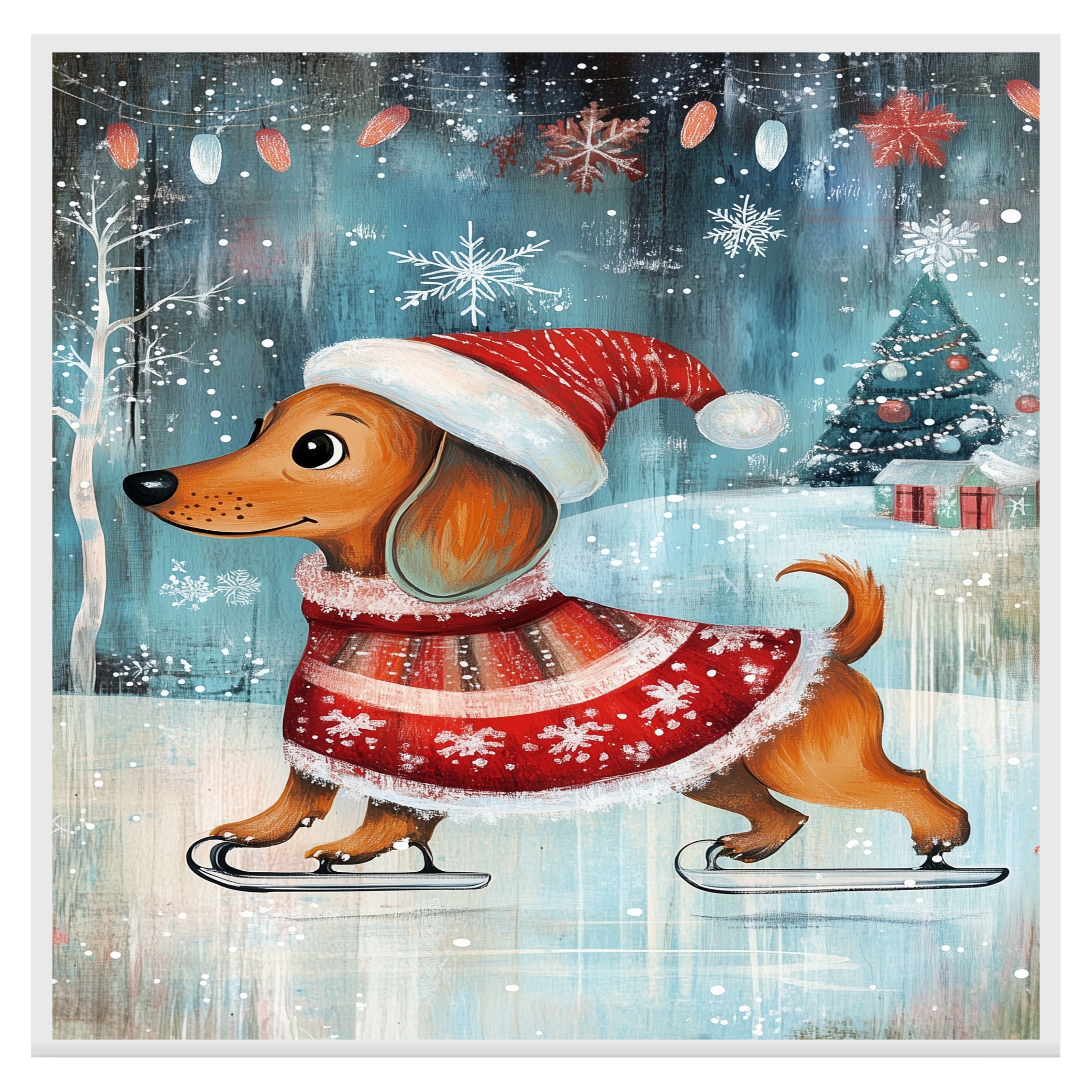 Adorable Christmas Dachshund Dog Ice Skating in Santa Hat and Festive Sweater Whimsical Holiday Art for Winter Pet Lovers and Seasonal Home Décor on Ready to Hang 1.5" Thick Canvas Wrap, Floating Framed Canvas, Flat Rolled Canvas