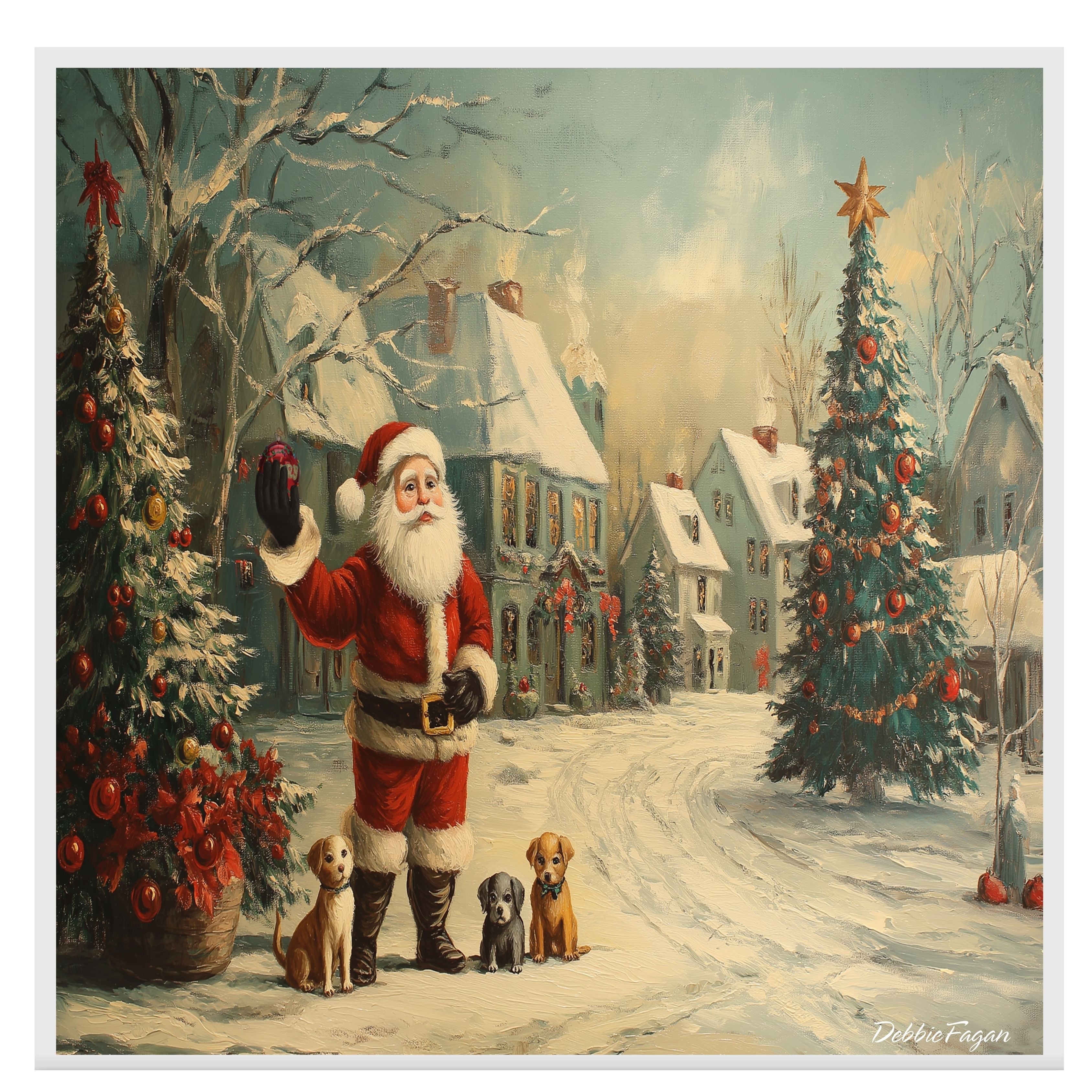 "Santa's Joyful Pups" - Heartwarming Scene of Santa with Adorable Puppies in a Festive Christmas Village on Ready to Hang 1.5" Thick Canvas Wrap, Floating Framed Canvas, Flat Rolled Canvas