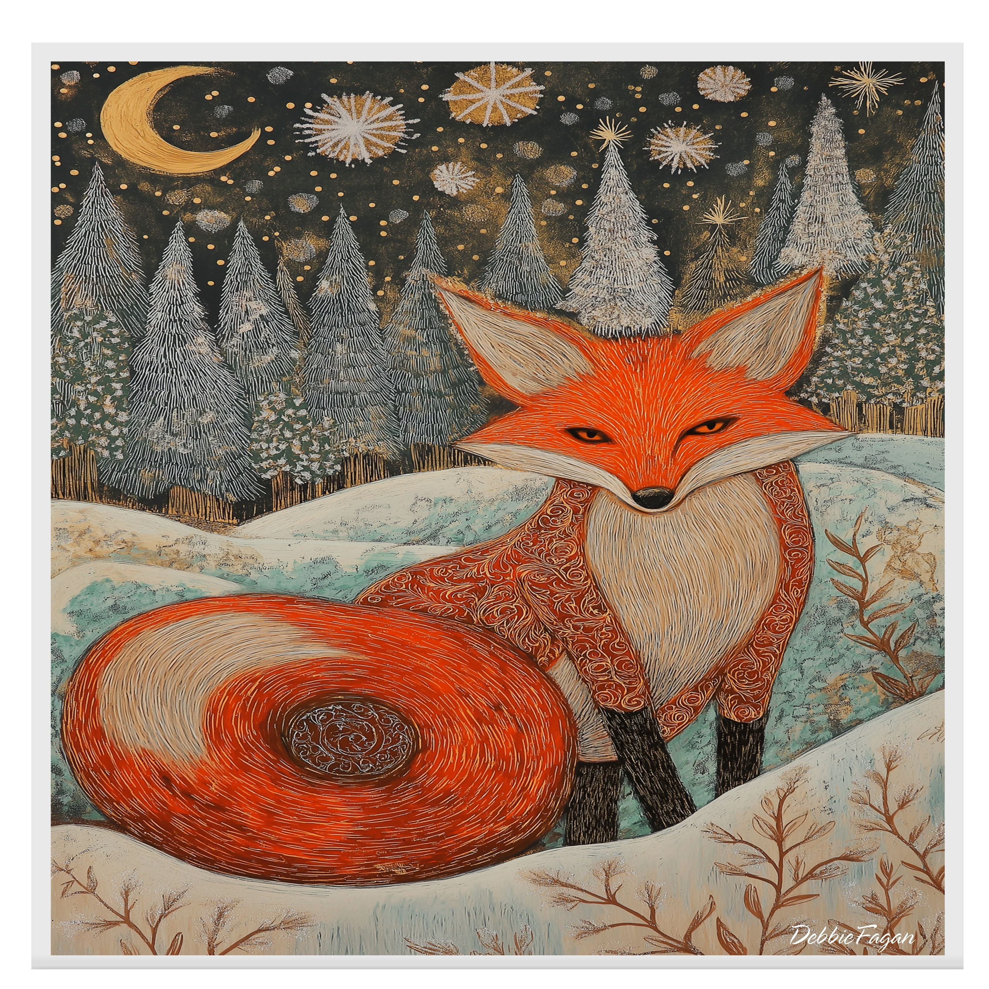Mystical Winter Fox Canvas – Ornate Red Fox in Snowy Forest Under Moonlight and Sparkling Snowflakes on Ready to Hang 1.5" Thick Canvas Wrap, Floating Framed Canvas, Flat Rolled Canvas