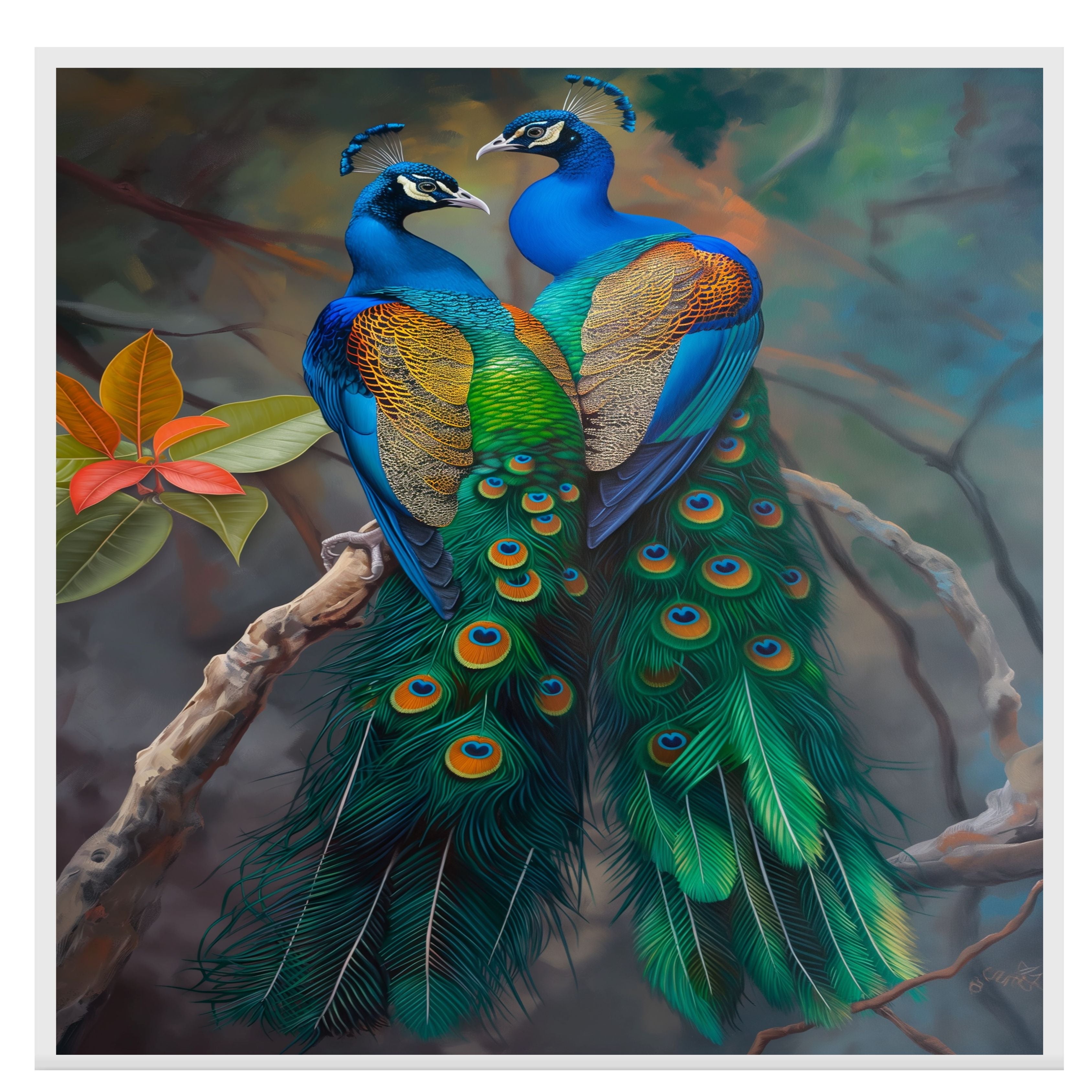 Elegant Peacock Pair Artwork Featuring Lush Green and Blue Feathers with Golden Accents Perched Gracefully Against a Soft Misty Forest Background on Ready to Hang 1.5" Thick Canvas Wrap, Floating Framed Canvas, Flat Rolled Canvas