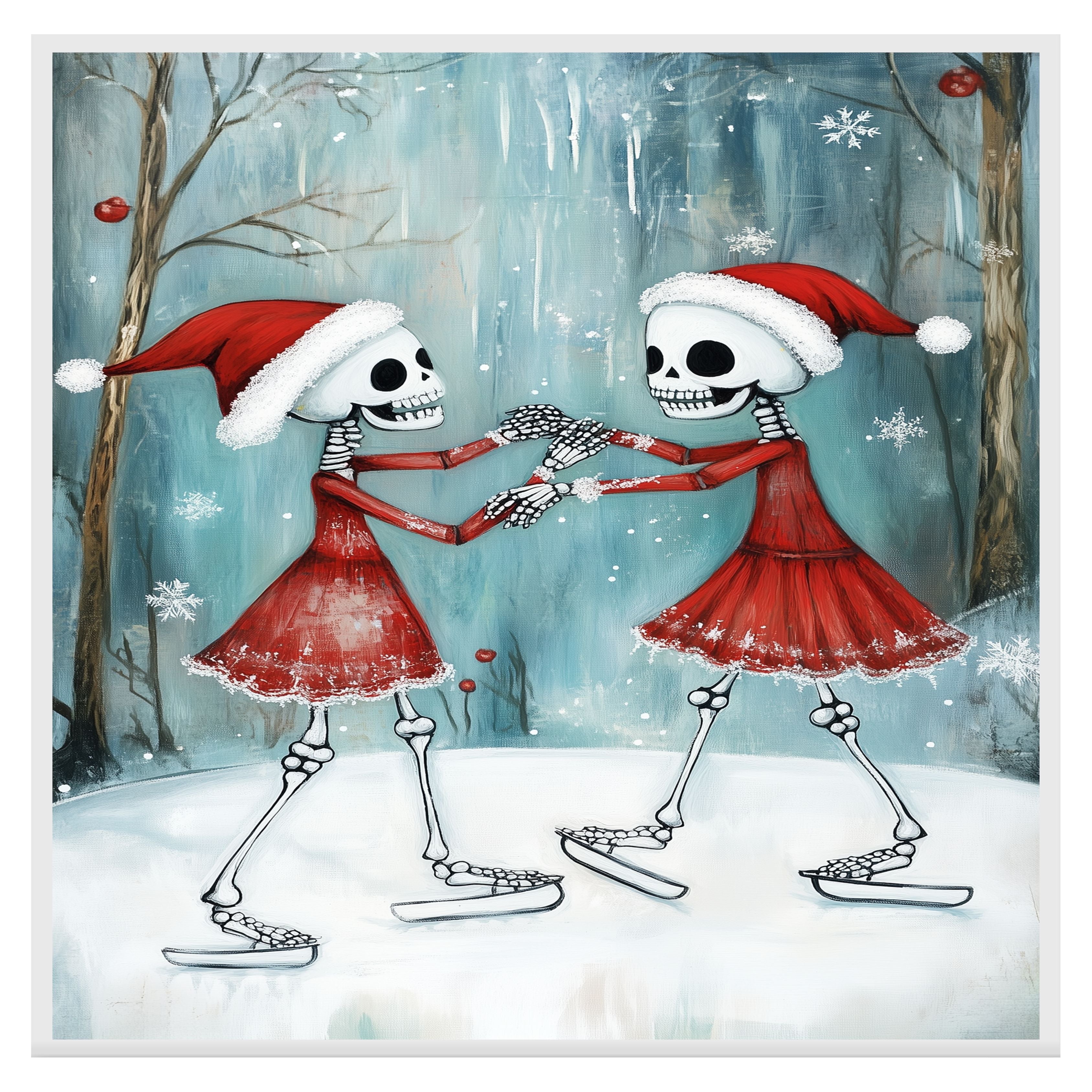 Whimsical Skeleton Ice Skating Christmas Art – Festive Gothic Winter Decor with Dancing Skeletons in Red Dresses and Santa Hats, Spooky Cute Holiday Wall Print on Ready to Hang 1.5" Thick Canvas Wrap, Floating Framed Canvas, Flat Rolled Canvas