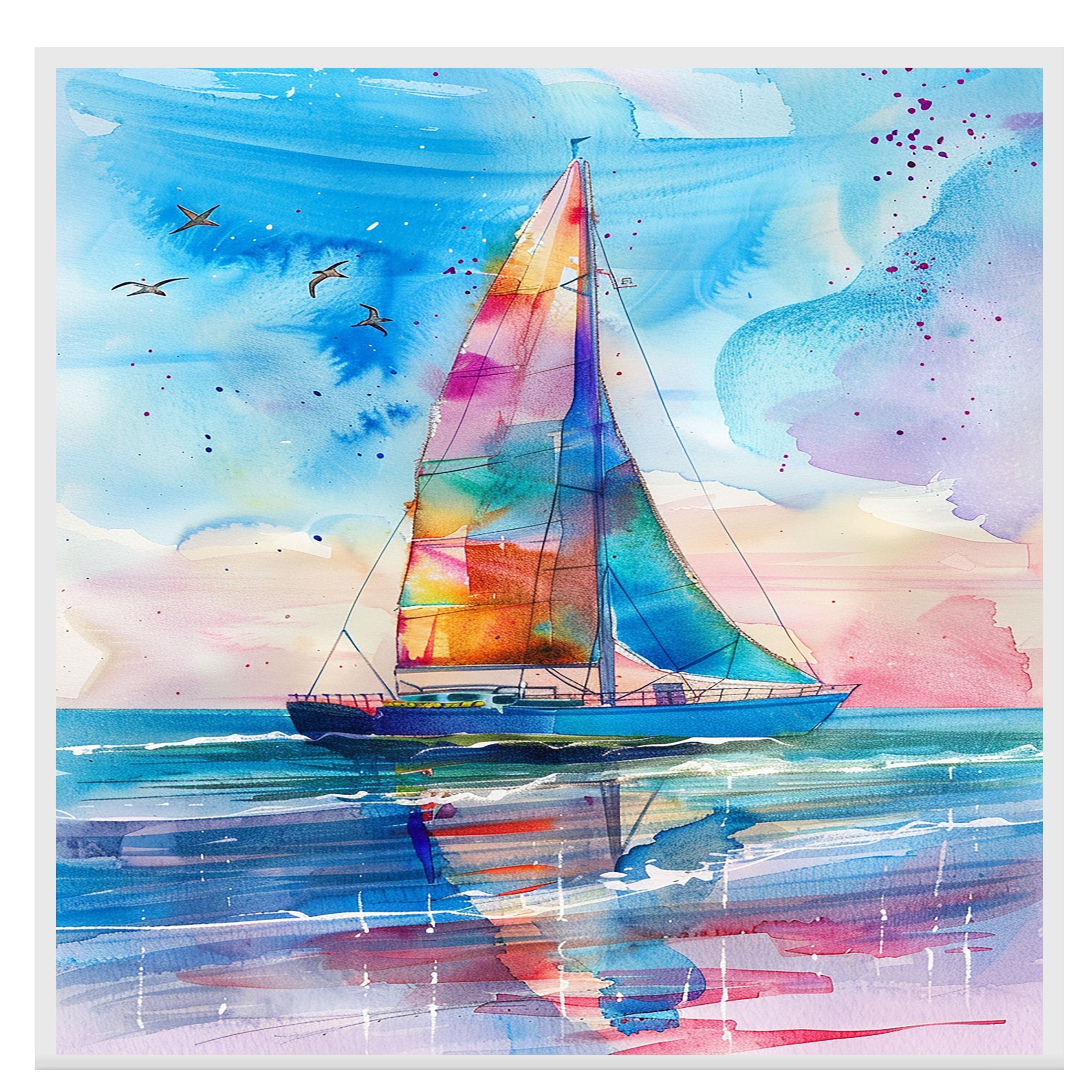 Colorful Sailboat Watercolor Painting with Ocean Reflections and Flying Birds Under Sunset Sky on Ready to Hang 1.5" Thick Canvas Wrap, Floating Framed Canvas, Flat Rolled Canvas