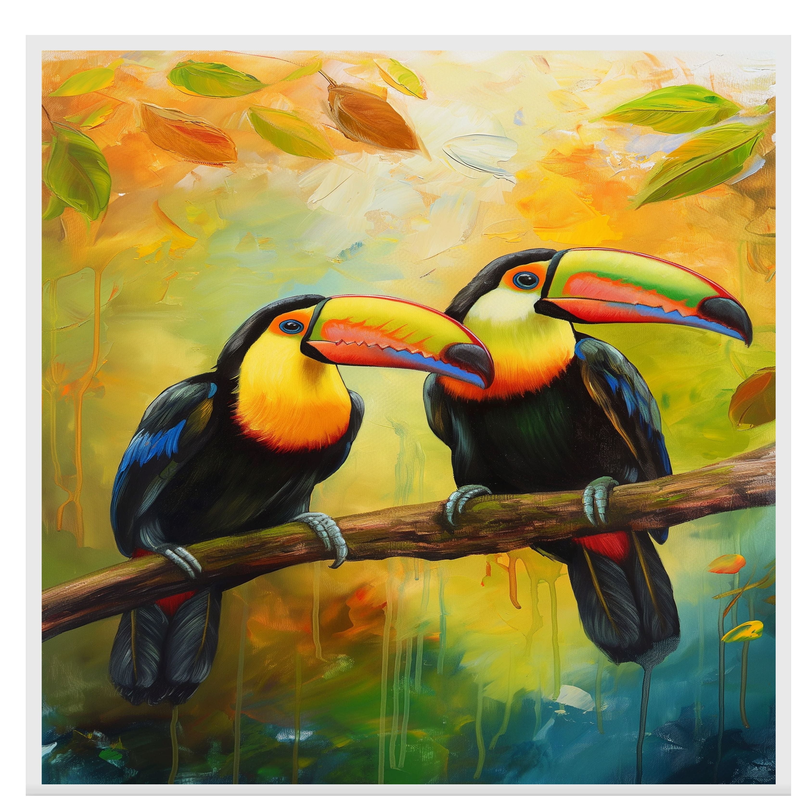 Colorful Toucan Pair with Rainbow Beaks on Tree Branch in a Tropical Setting Surrounded by Autumn Leaves and a Golden Jungle Background on Ready to Hang 1.5" Thick Canvas Wrap, Floating Framed Canvas, Flat Rolled Canvas