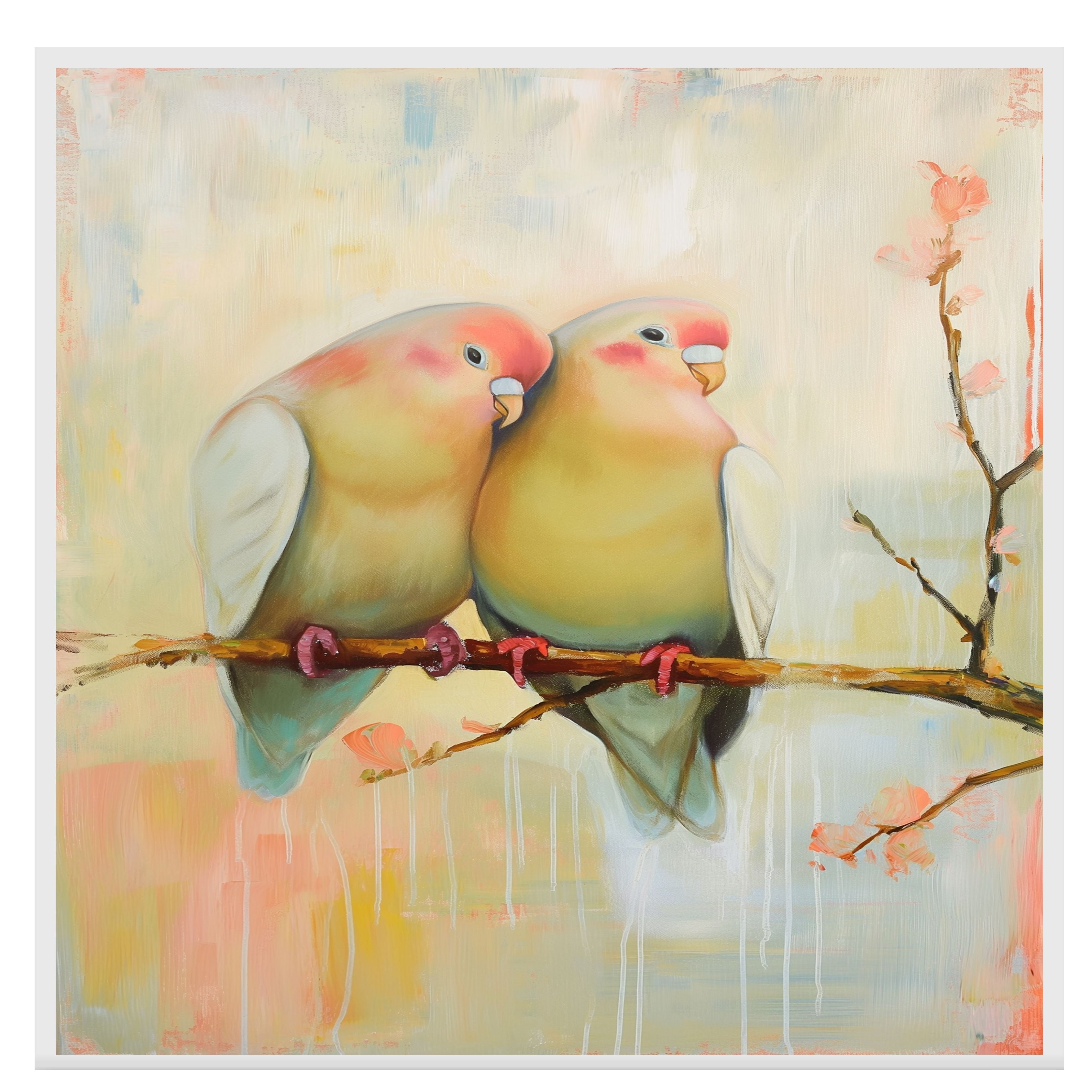 Charming Lovebirds Sitting Close on a Branch with Warm Pastel Floral Background on Ready to Hang 1.5" Thick Canvas Wrap, Floating Framed Canvas, Flat Rolled Canvas