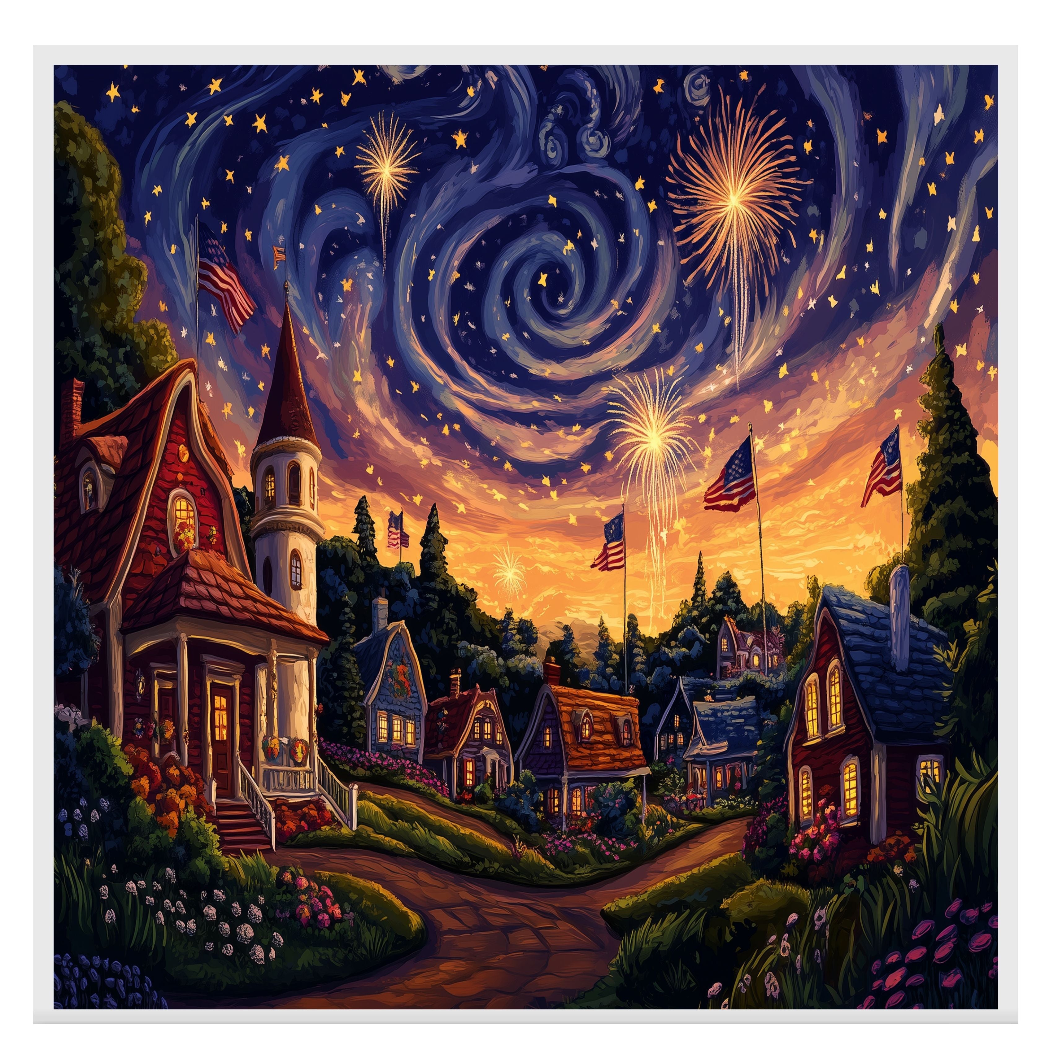Whimsical 4th of July Village with Fireworks, American Flags, and Glowing Cottages Under a Swirling Starry Sky, Festive Celebration of Patriotism and Magic on Ready to Hang 1.5" Thick Canvas Wrap, Floating Framed Canvas, Flat Rolled Canvas