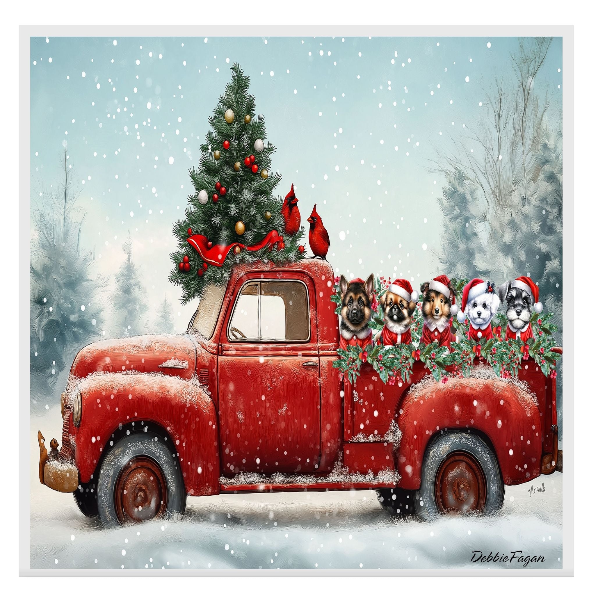 Christmas Canvas - "Santa Paws Parade" - Adorable Dogs Dressed in Festive Costumes on Vintage Red Pickup Truck on Ready to Hang 1.5" Thick Canvas Wrap, Floating Framed Canvas, Flat Rolled Canvas