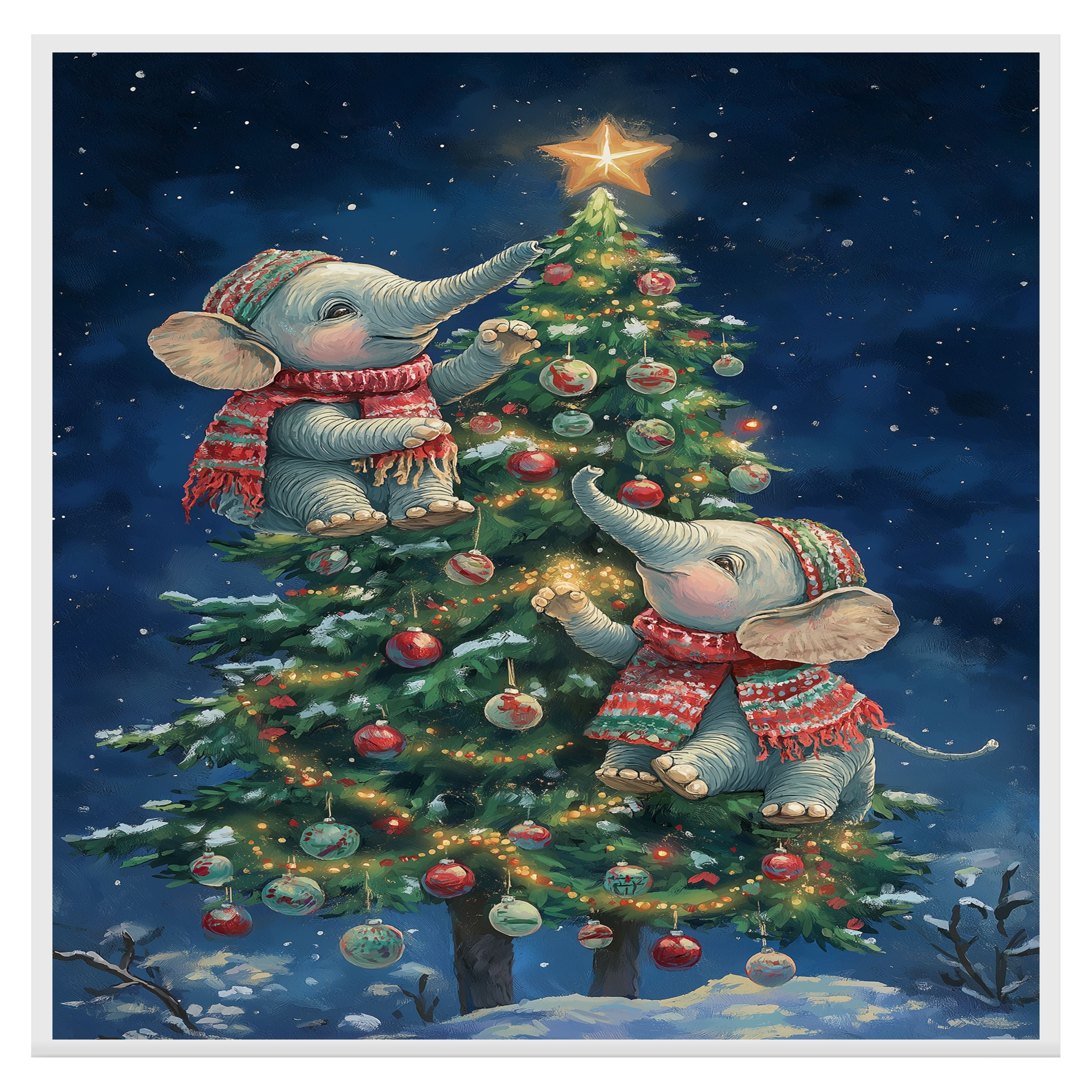 Christmas Baby Elephants Decorating Tree with Star and Ornaments in Snowy Night Scene Holiday Art Print for Nursery or Cozy Winter Home Decor on Ready to Hang 1.5" Thick Canvas Wrap, Floating Framed Canvas, Flat Rolled Canvas