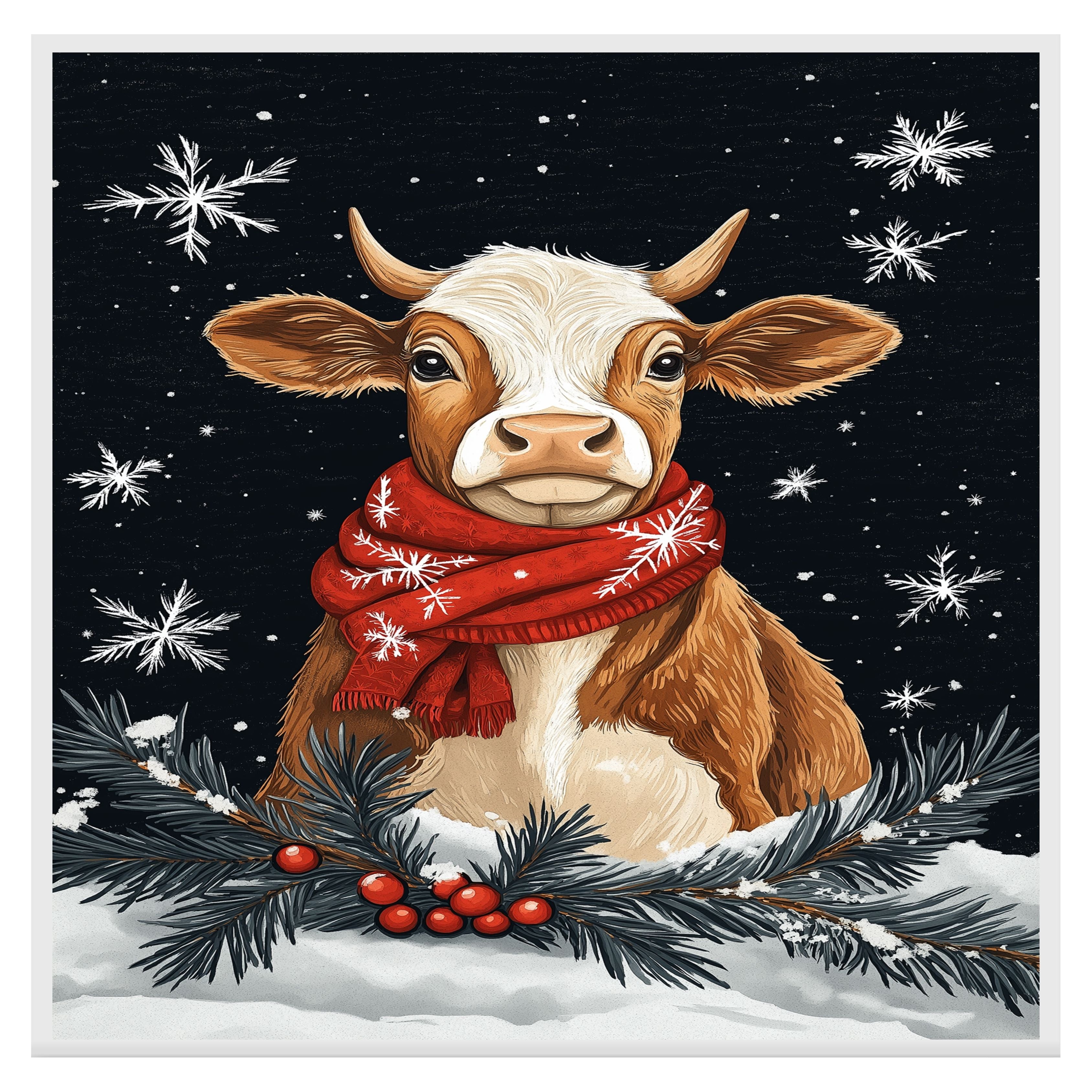 "Winter Bliss Cow" - Cow in Red Scarf Sitting in Snow on Ready to Hang 1.5" Thick Canvas Wrap, Floating Framed Canvas, Flat Rolled Canvas