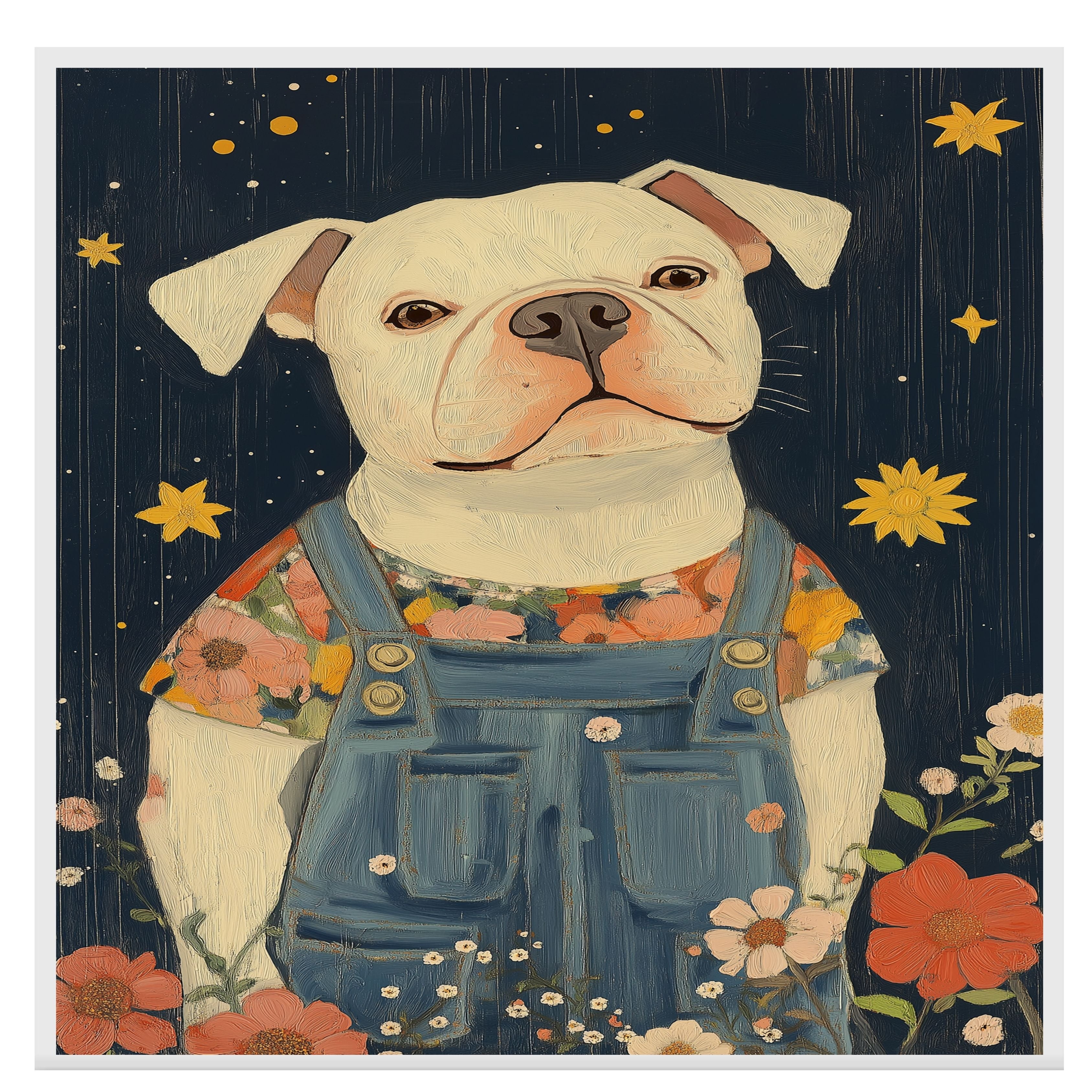 Adorable White Dog in Overalls Floral Shirt Whimsical Animal Art for Nursery Farmhouse Rustic Decor Cute Dog Lover Gift Perfect for Bedroom or Living Room on Ready to Hang 1.5" Thick Canvas Wrap, Floating Framed Canvas, Flat Rolled Canvas