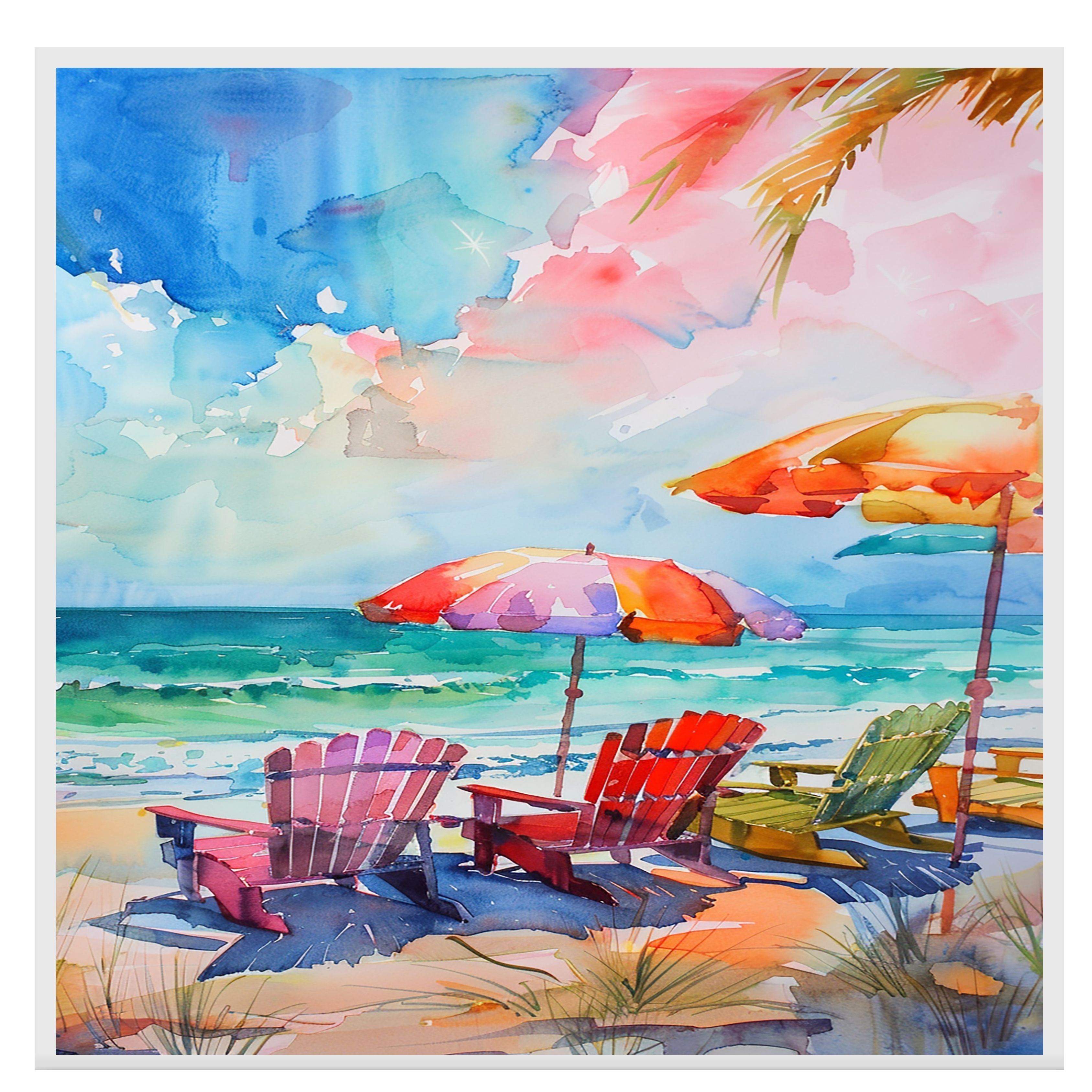 Colorful Watercolor Beach Chairs & Umbrellas – Oceanfront Coastal Art Print on Ready to Hang 1.5" Thick Canvas Wrap, Floating Framed Canvas, Flat Rolled Canvas