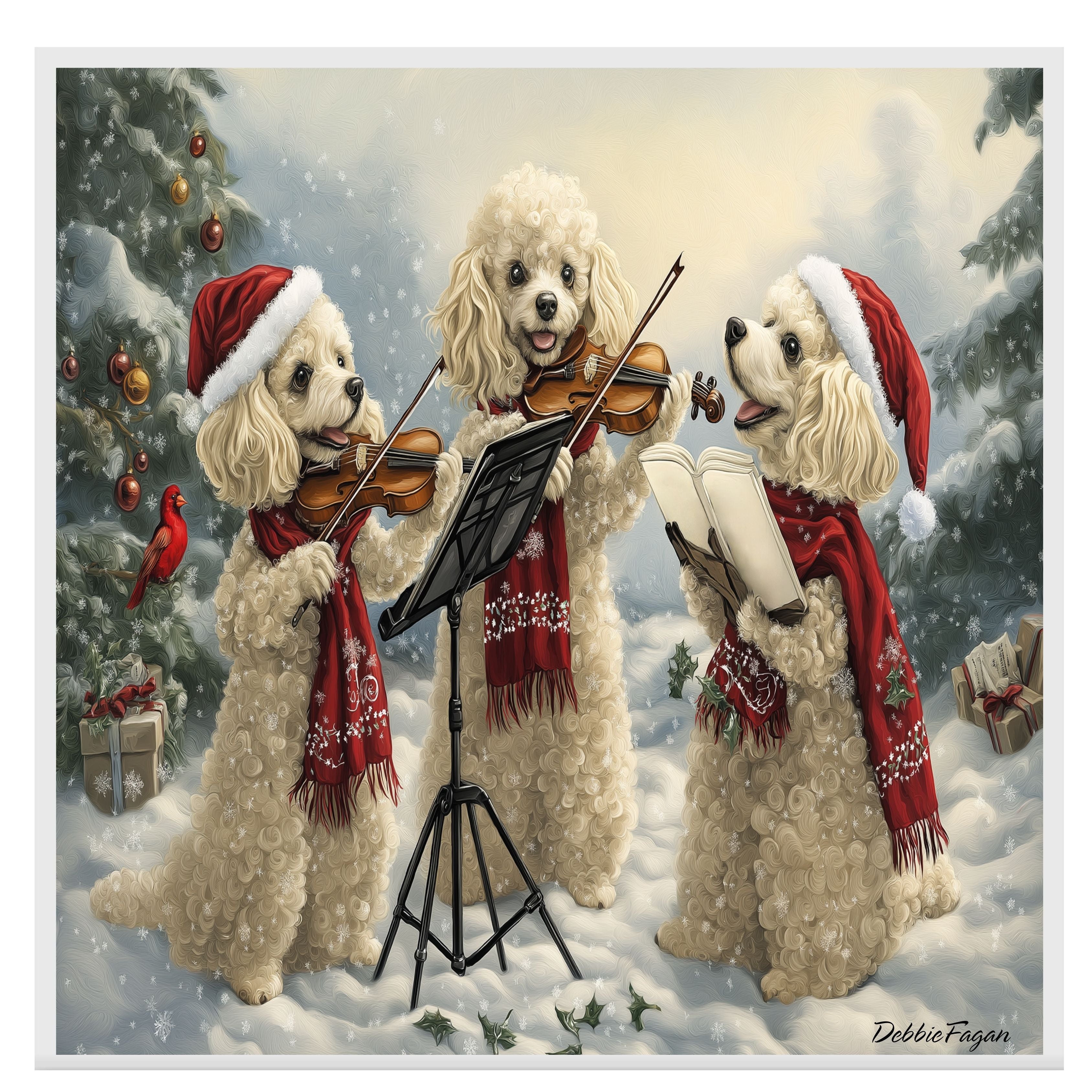 Dog Christmas Canvas  - "Symphony in Snow" - Poodles Playing Violin in a Winter Forest on Ready to Hang 1.5" Thick Canvas Wrap, Floating Framed Canvas, Flat Rolled Canvas