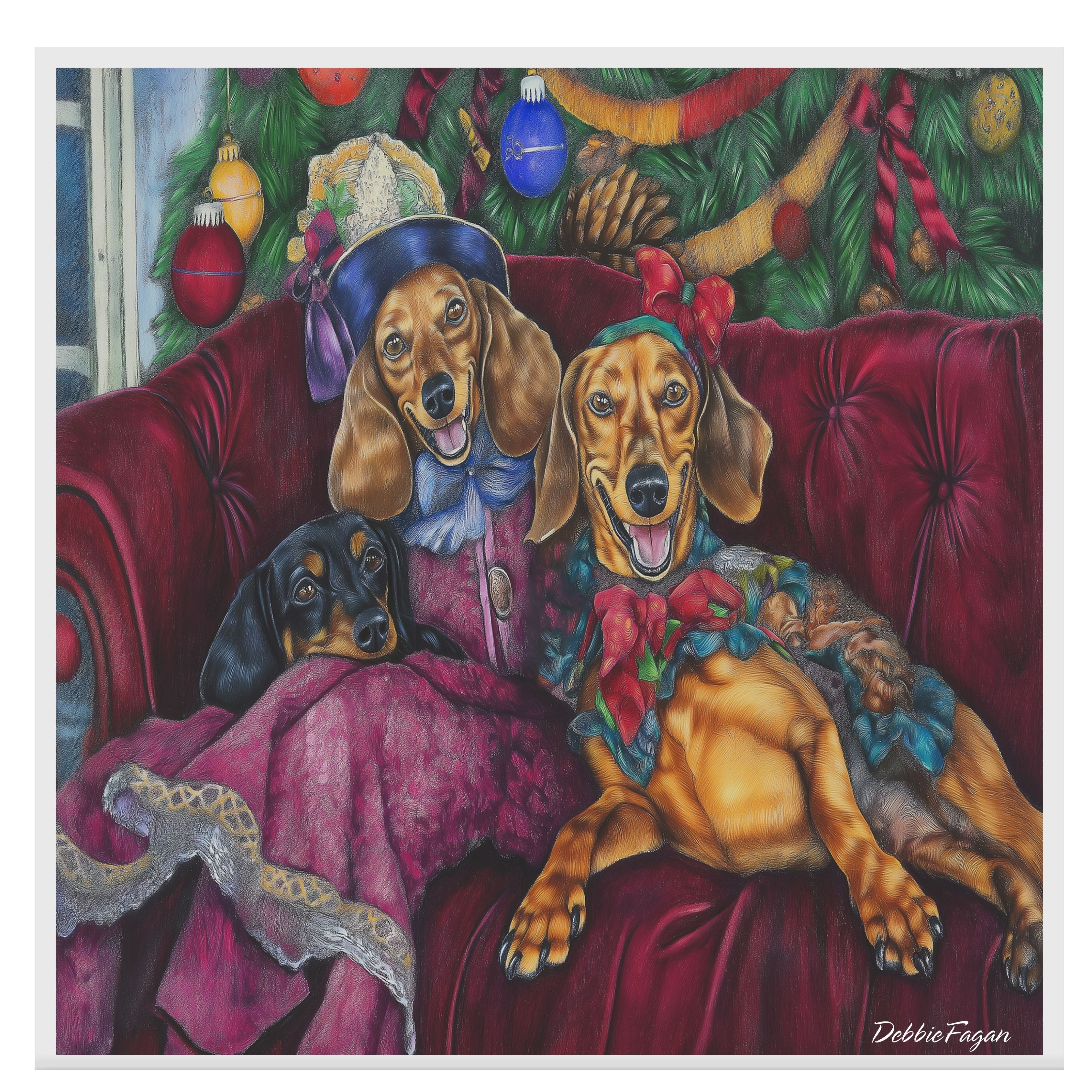 Dachshund Christmas Canvas - "Classy in Victorian Elegance" - Charming Doxie Dogs Dressed in Vintage Attire on Ready to Hang 1.5" Thick Canvas Wrap, Floating Framed Canvas, Flat Rolled Canvas