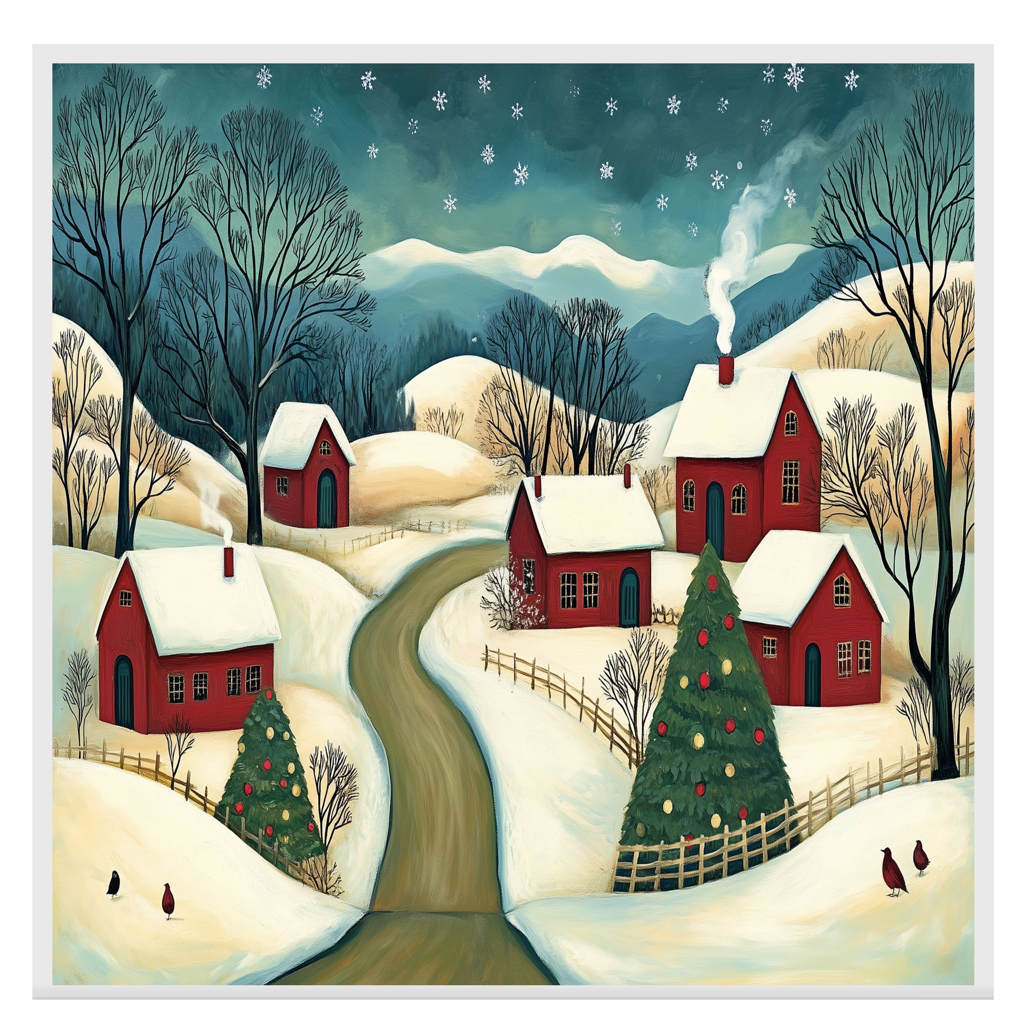 Christmas Folk Art Canvas Wall Art – Snowy Winter Scene with Red Houses, Decorated Tree & Rolling Hills – Rustic Holiday Home Décor Print on Ready to Hang 1.5" Thick Canvas Wrap, Floating Framed Canvas, Flat Rolled Canvas