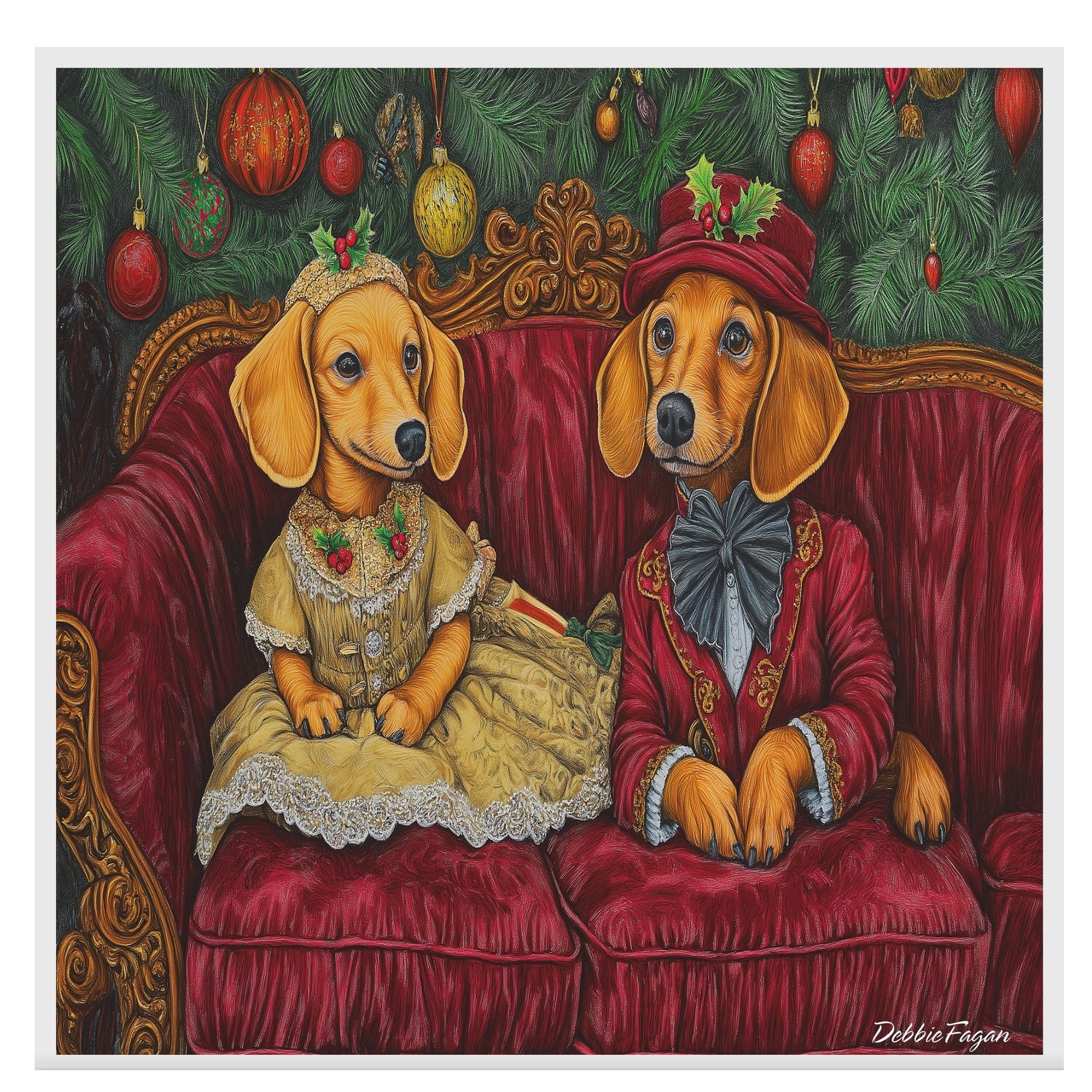 Dachshund Christmas Canvas - "Dapper Wiener: Victorian Elegance" - Charming Doxie Dogs Dressed in Period Clothing on Ready to Hang 1.5" Thick Canvas Wrap, Floating Framed Canvas, Flat Rolled Canvas