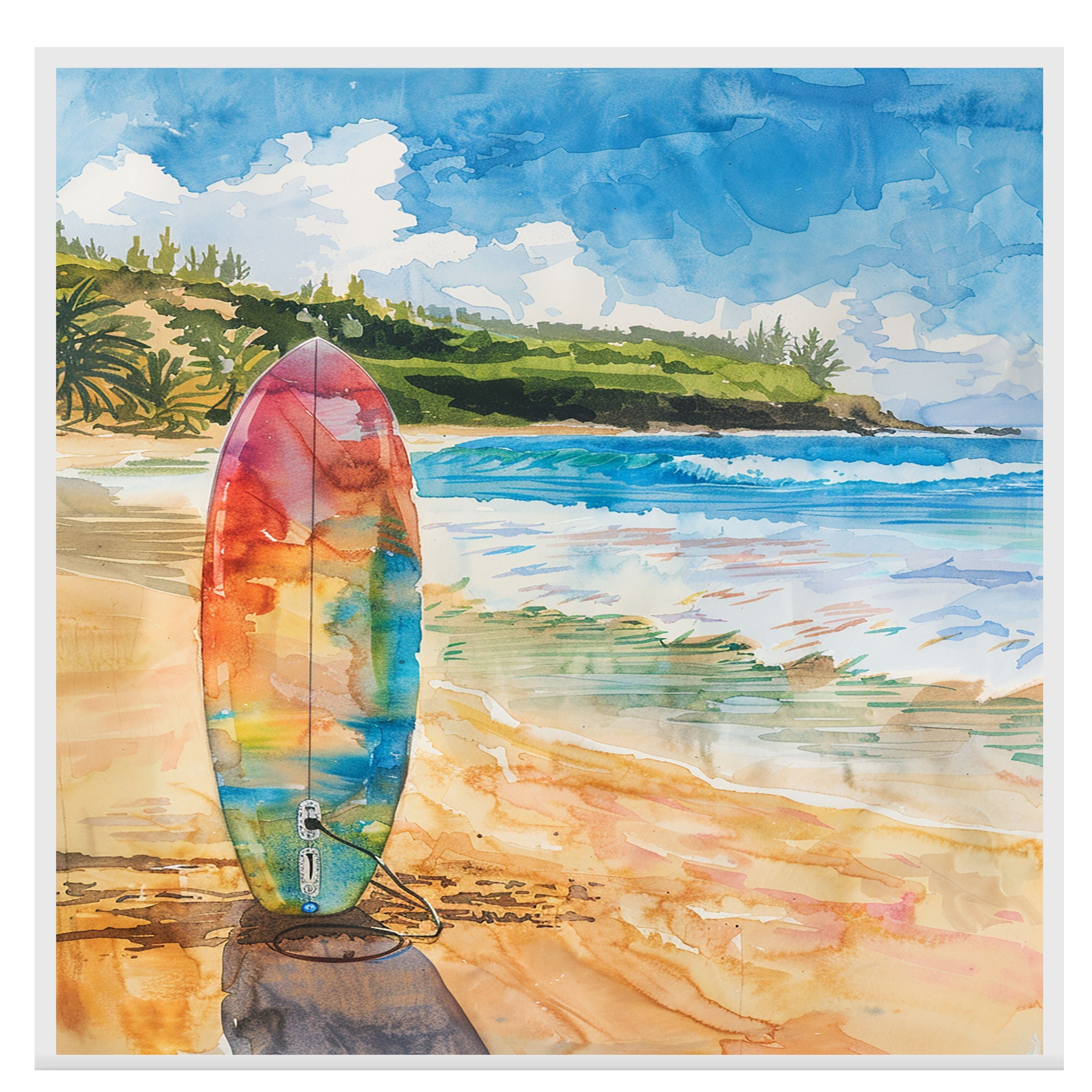 Watercolor Painting of a Multicolored Surfboard on a Tropical Beach with Ocean Waves and Green Coastal Hills in the Background on Ready to Hang 1.5" Thick Canvas Wrap, Floating Framed Canvas, Flat Rolled Canvas