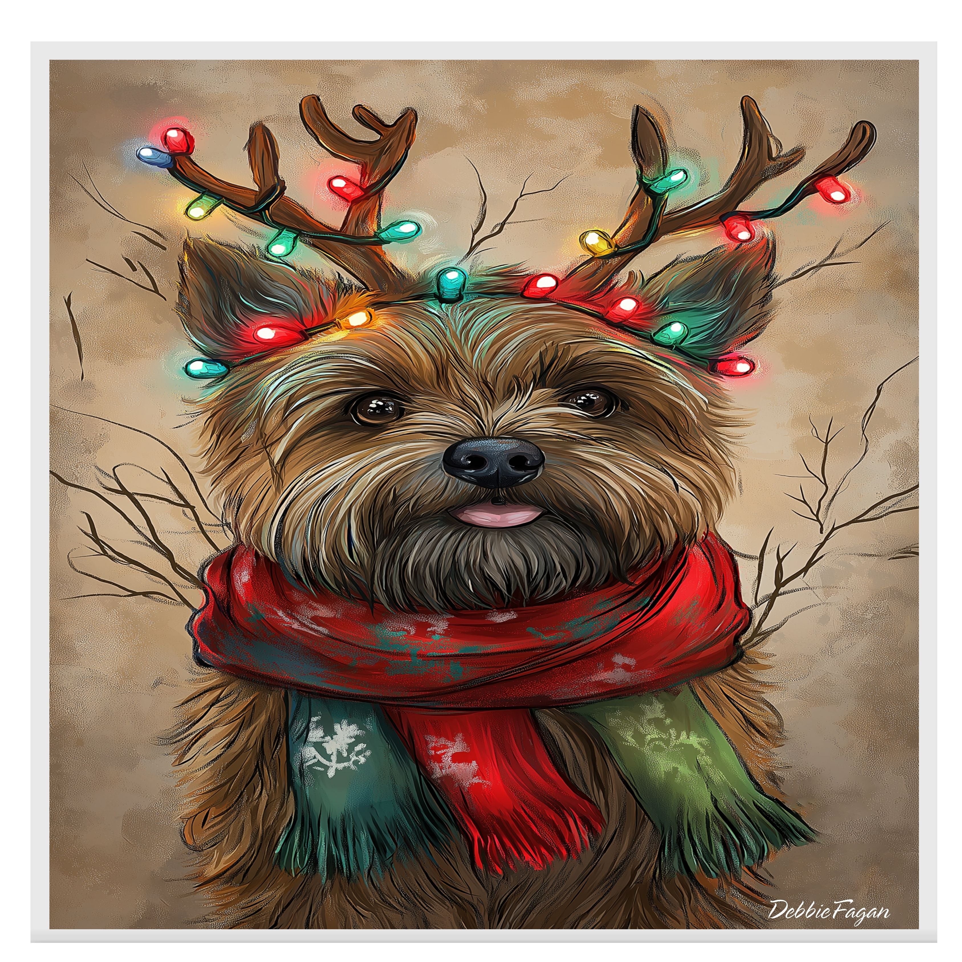 "Rustic Joy" - Cairn Terrier Dog with Lighted Antlers & Cozy Scarf on Rustic Canvas, Ready to Hang 1.5" Thick Canvas Wrap, Floating Framed Canvas, Flat Rolled Canvas