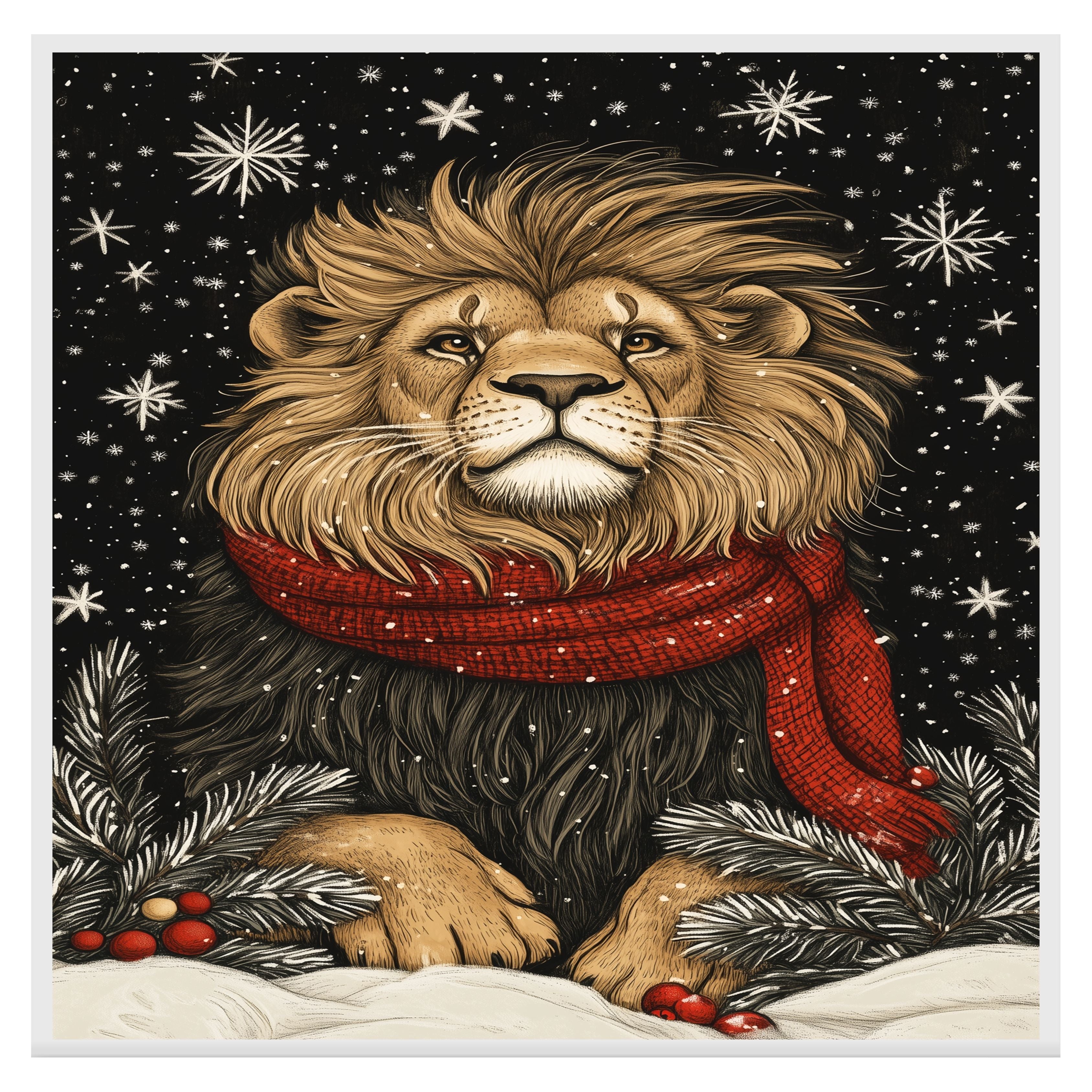 "Snow King Lion" - Lion in Red Scarf Posing in Winter Snow on Ready to Hang 1.5" Thick Canvas Wrap, Floating Framed Canvas, Flat Rolled Canvas